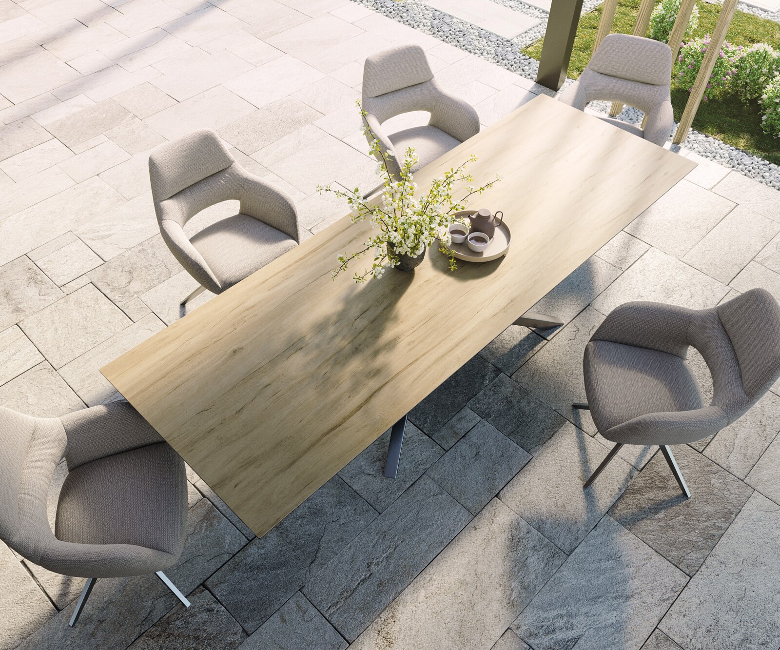 Table d’extérieur Edge 300x100 cm céramique Laminam® Sabbia couleur chêne piètement croisé rectangulaire en acier inoxydable 3
