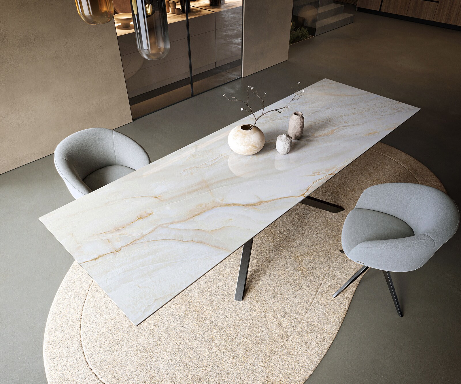 Table à manger Edge 300x100 cm céramique Onyx Pearl piètement croisé rectangulaire inox graphite 4