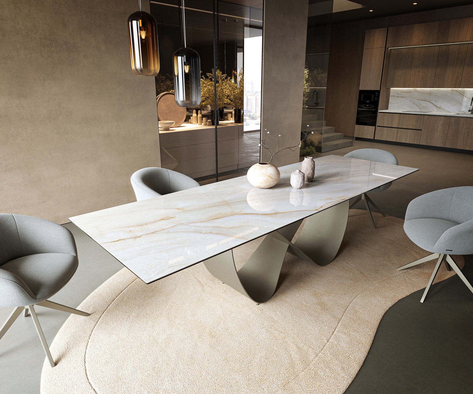 Table à manger Edge 300x100 cm céramique Onyx Pearl Infinity métal finition effet titane 1