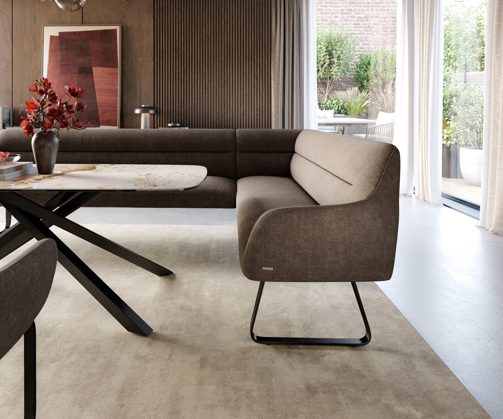 Banc-de-salle-à-manger Taya-Flex 285x190 cm tissu structuré doux taupe châssis à patins plat noir ressort ensaché liens 5