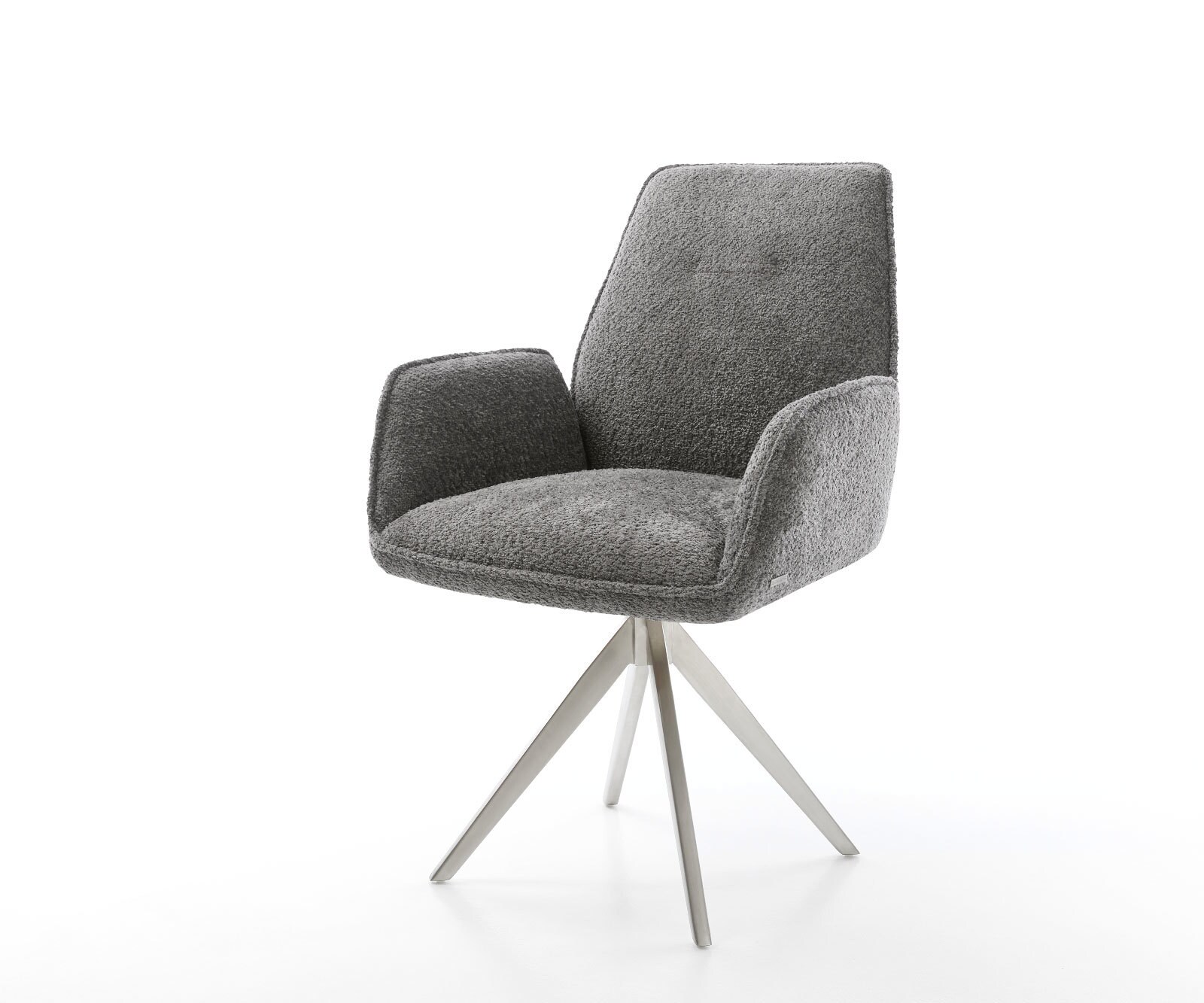 Chaise-de-salle-à-manger Zoa-Flex bouclé gris pied croisé angulaire acier inoxydable brossé ressorts ensachés