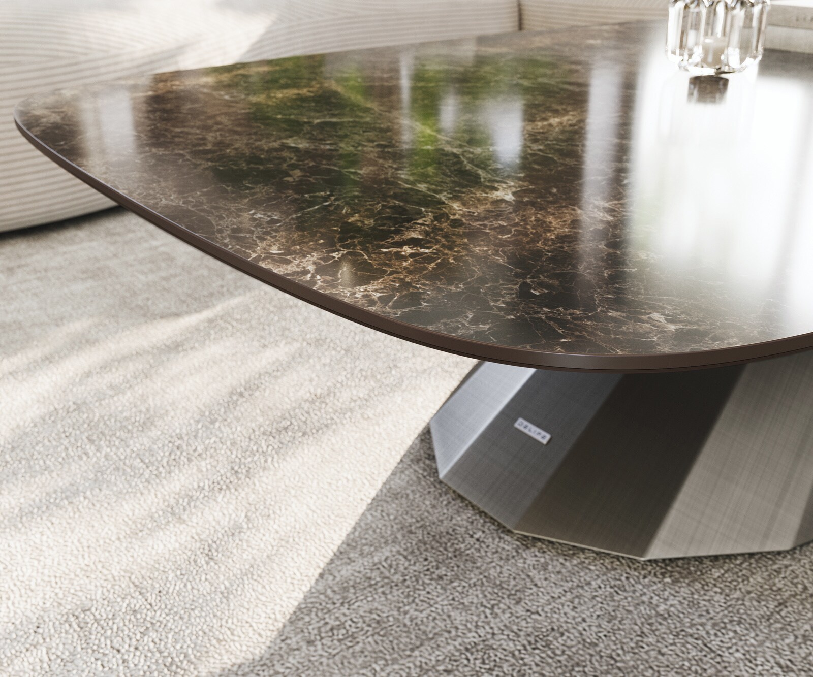 Table basse Edge Boot 140x80 cm céramique Laminam® Emperador Extra Lucidato brun foncé Parabi argent métallique 6