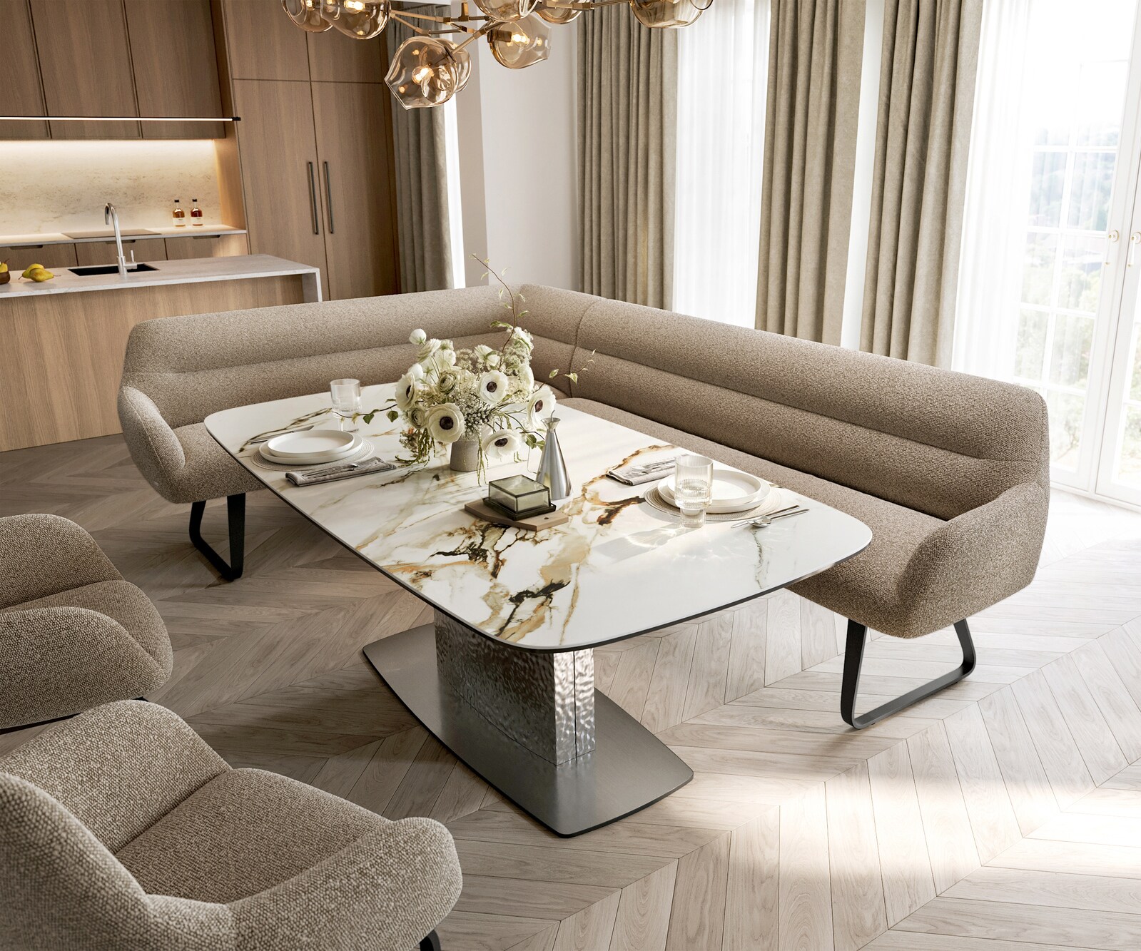 Banc-de-salle-à-manger Taya-Flex 285x190 cm bouclé boue châssis à patins plat noir ressort ensaché à droite 1