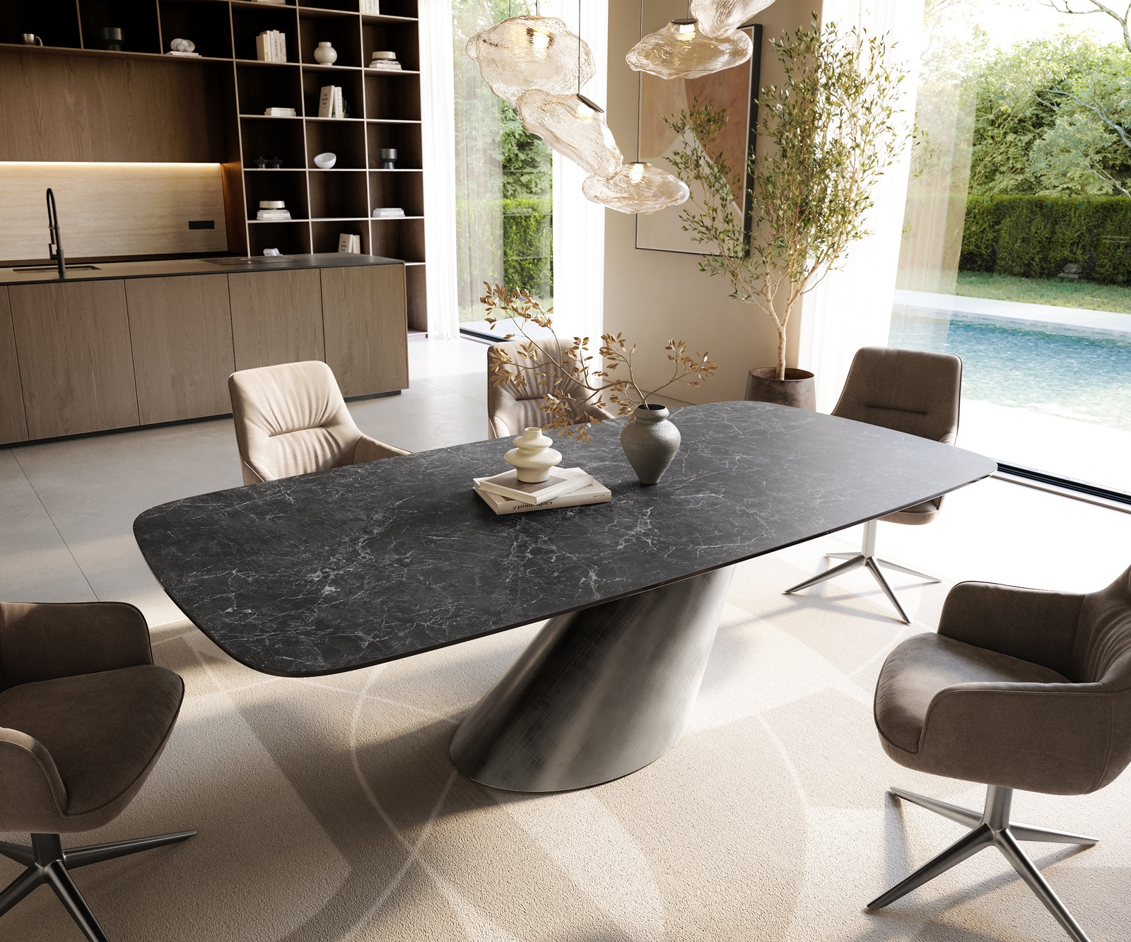 Table à manger Edge Boot 240x120 cm Céramique Laminam® Nero Greco Anthracite Cono Métalic Argent