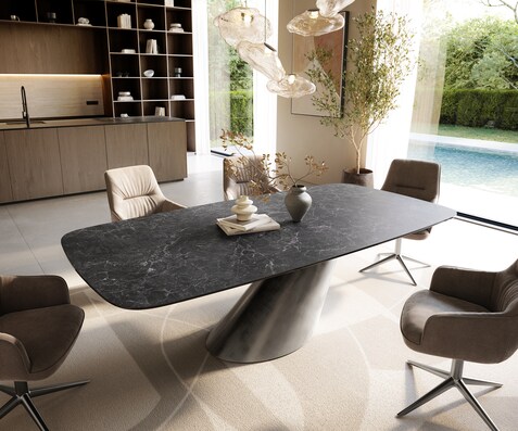 Table à manger Edge Boot 240x120 cm Céramique Laminam® Nero Greco Anthracite Cono Métalic Argent