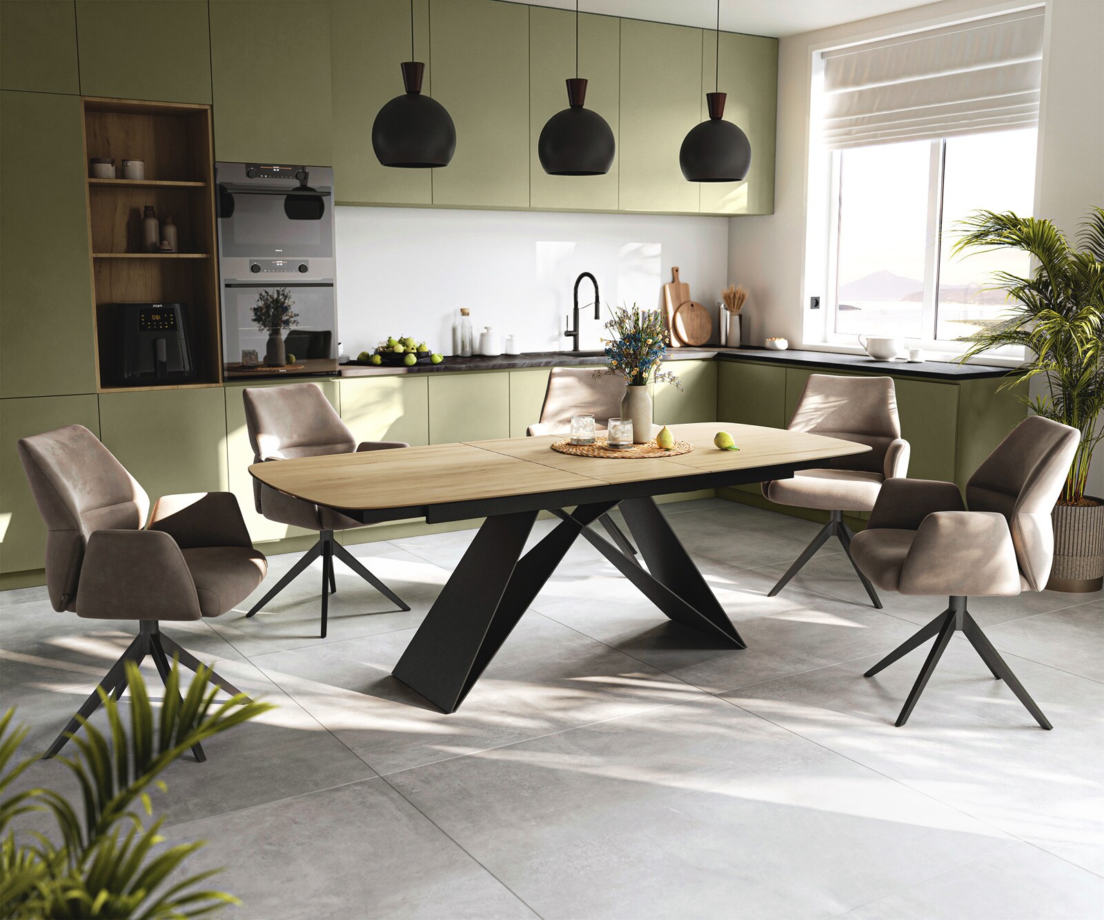 Table à manger Edge Boot 180-220x100 cm Céramique Laminam® Sabbia Eichefarbig piètement en V Flachstahl Noir extensible 6