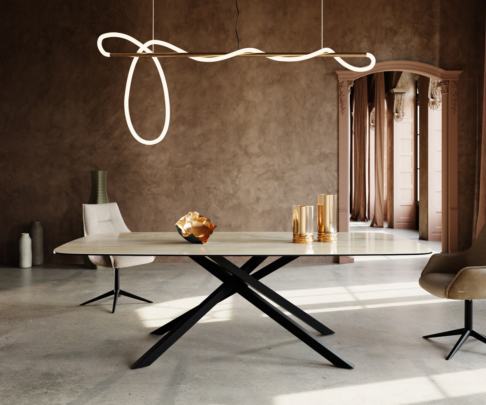 Table à manger Edge Boot 240x120 cm Céramique Iris FMG Onice Oro piètement en croix Rectangle Noir 2