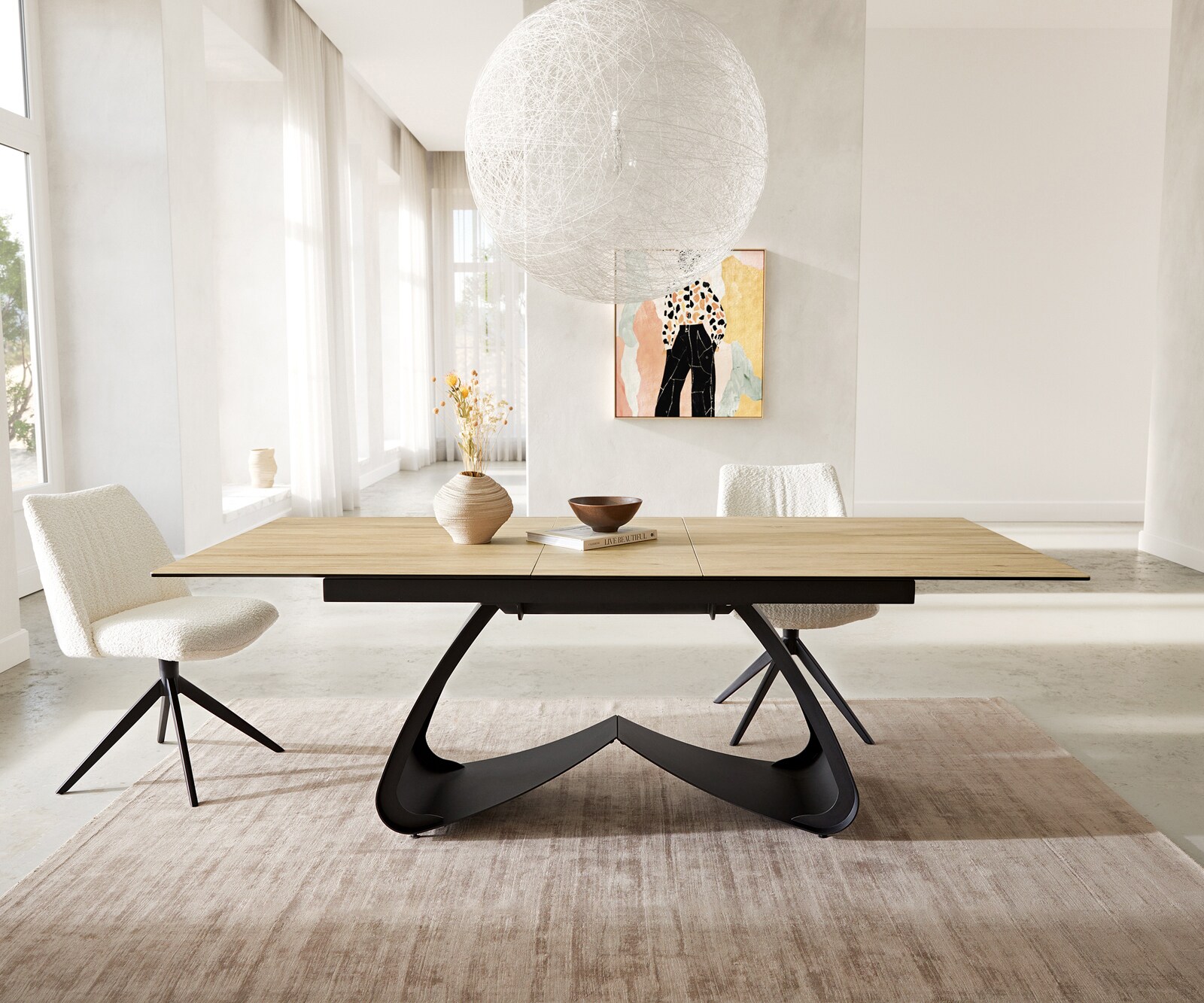 Table à manger Edge 180-220x100 céramique Laminam® Sabbia couleur chêne cadre en W noir extensible 1