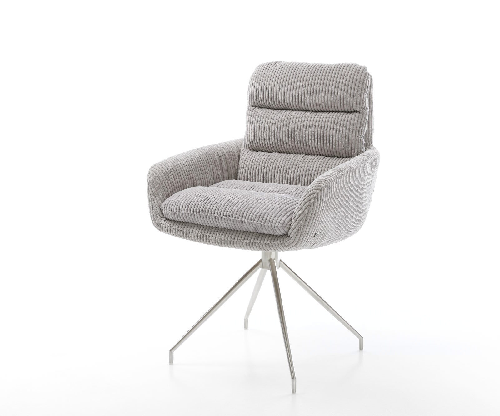 Chaise-de-salle-à-manger Abelia-Flex avec accoudoirs côtelé gris argenté pied croisé conique acier inoxydable brossé
