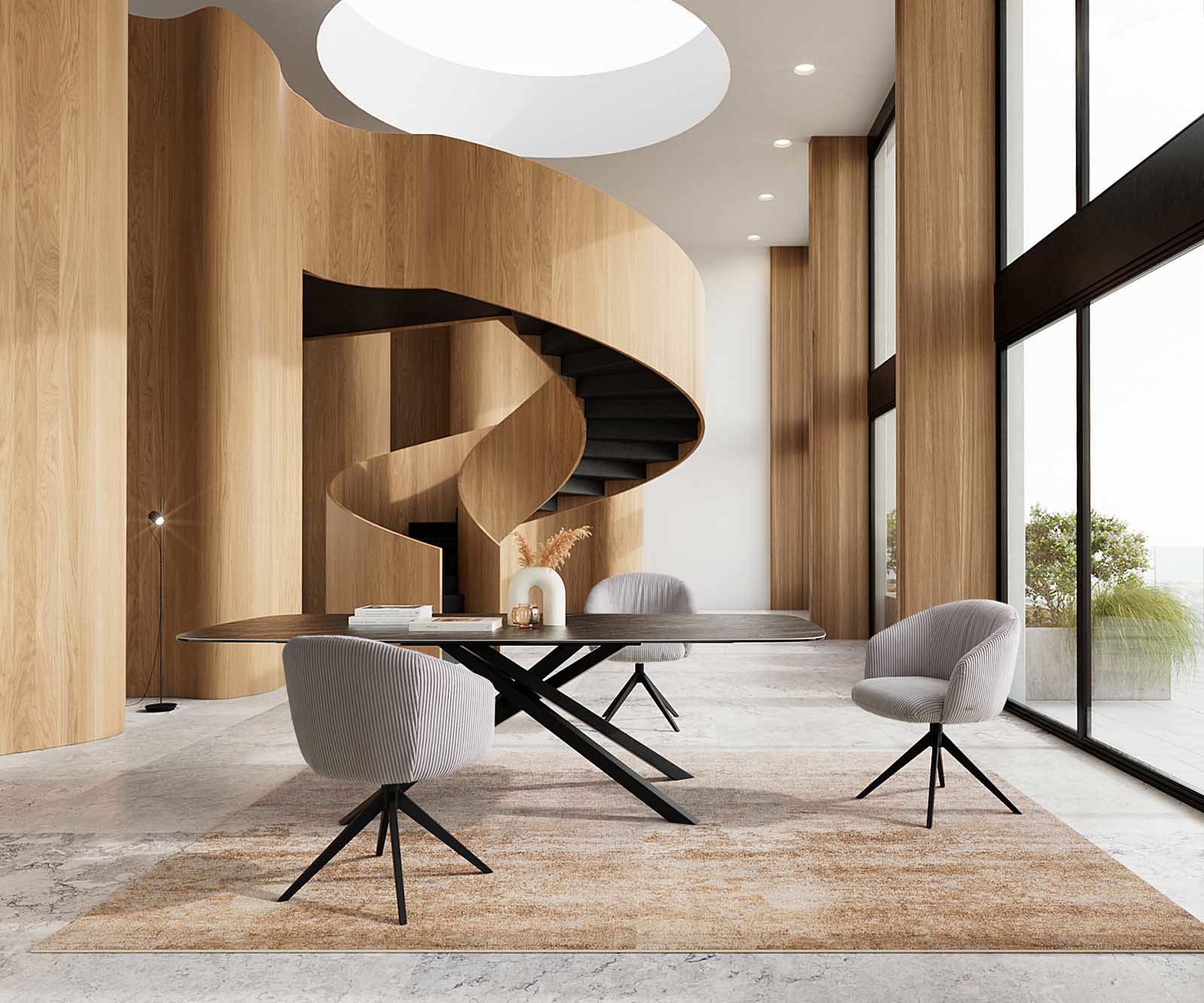 Chaise-pivotante Caja-Flex avec accoudoirs côtelé gris argenté pied croisé large noir pivotement sur 360° ressorts ensachés 5 Chaise-pivotante Caja-Flex avec accoudoirs côtelé gris argenté pied croisé large noir pivotement sur 360° ressorts ensachés 5