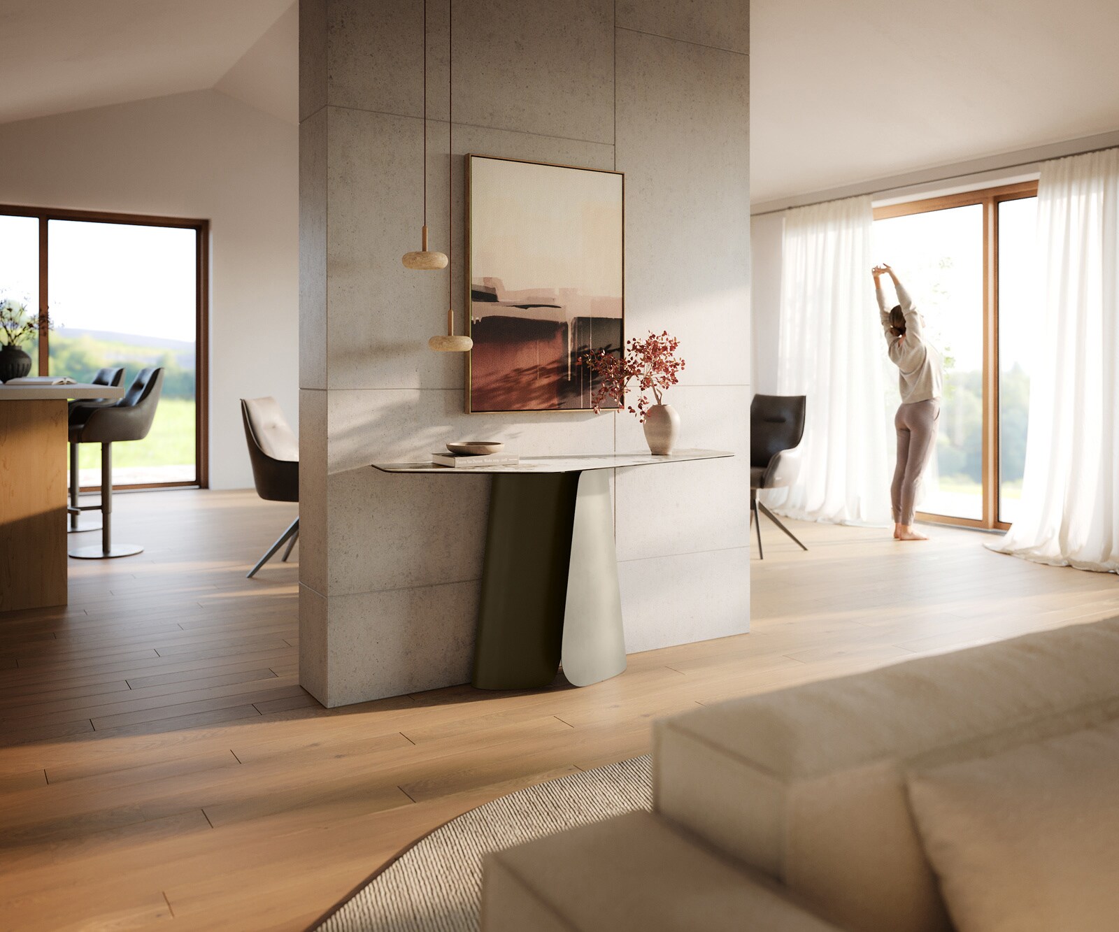 Console Edge Polygonal 140x50 cm Céramique Minas Melange Weiß-Beige Livos Métal Effektfinish Titan 7