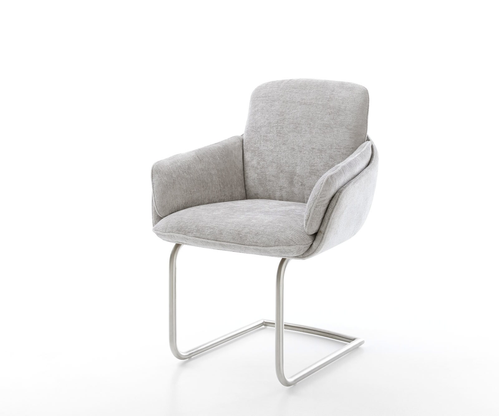 Cantilever Luan-Flex avec accoudoirs chenille gris argenté pied cantilever rond acier inoxydable brossé Cantilever Luan-Flex avec accoudoirs chenille gris argenté pied cantilever rond acier inoxydable brossé