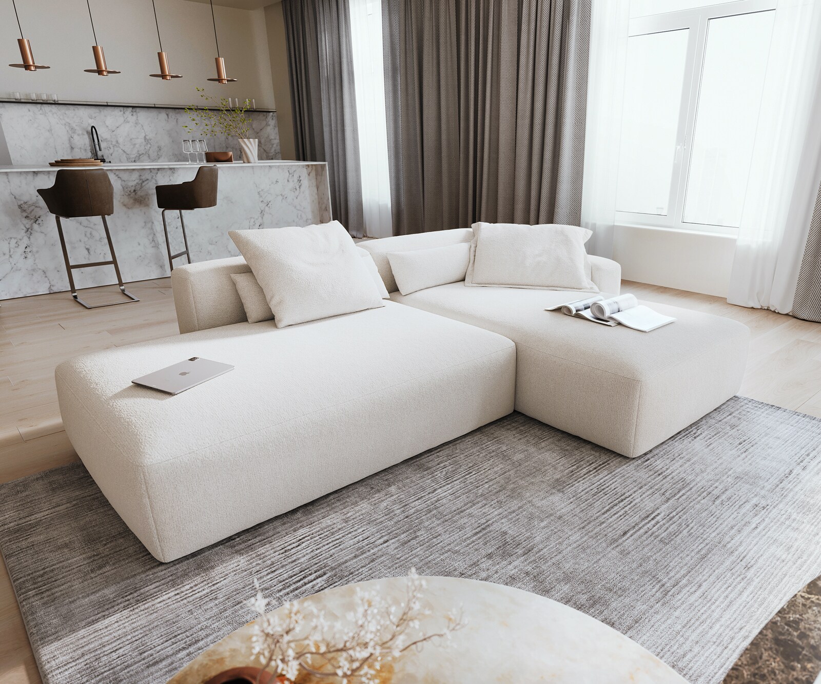 Canapé d'angle Freestyle 310x200 cm Bouclé doux Beige couture plate