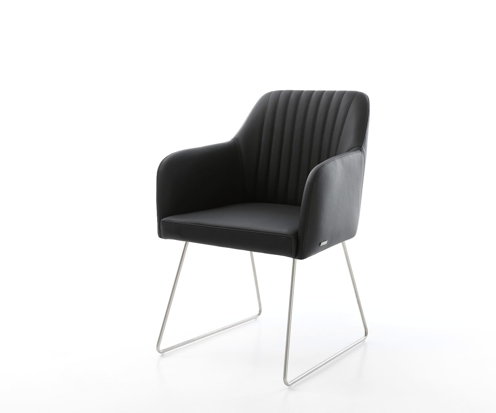 Chaise-de-salle-à-manger Greg-Flex cuir de vache noir pied trapèze acier inoxydable brossé ressorts ensachés