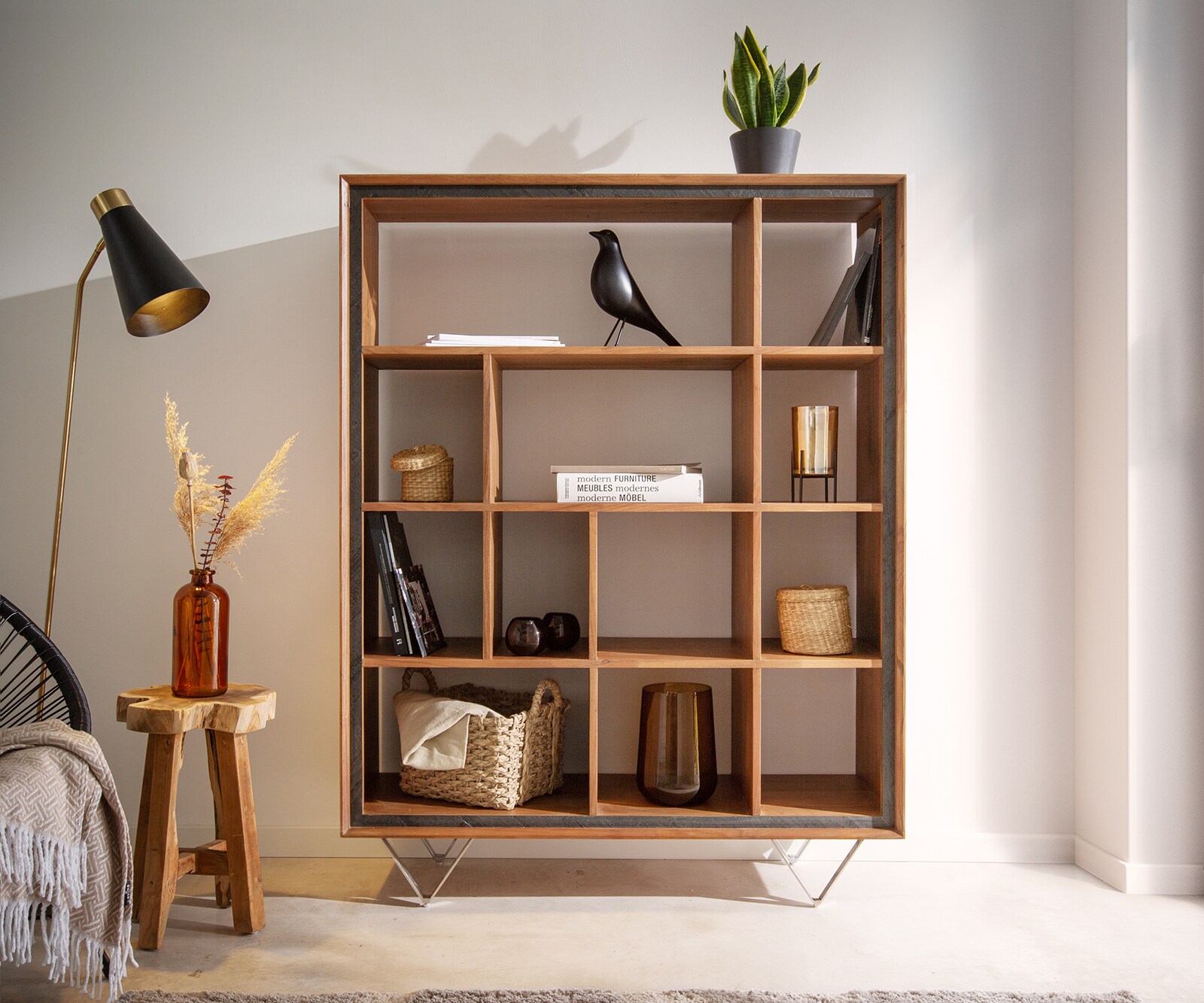 Highboard Stonegrace 120x150 acacia nature 12 compartiments placage en pierre pieds en V 1