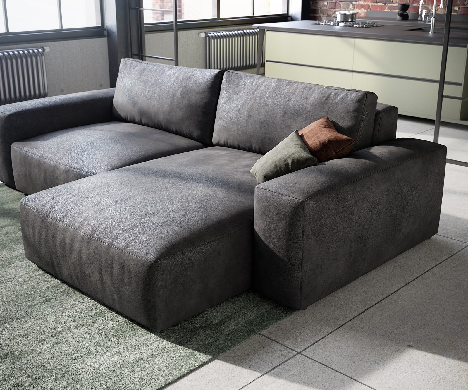 Canapé d’angle Lanzo 230x155 cm similicuir vintage anthracite méridienne réversible avec pouf 5