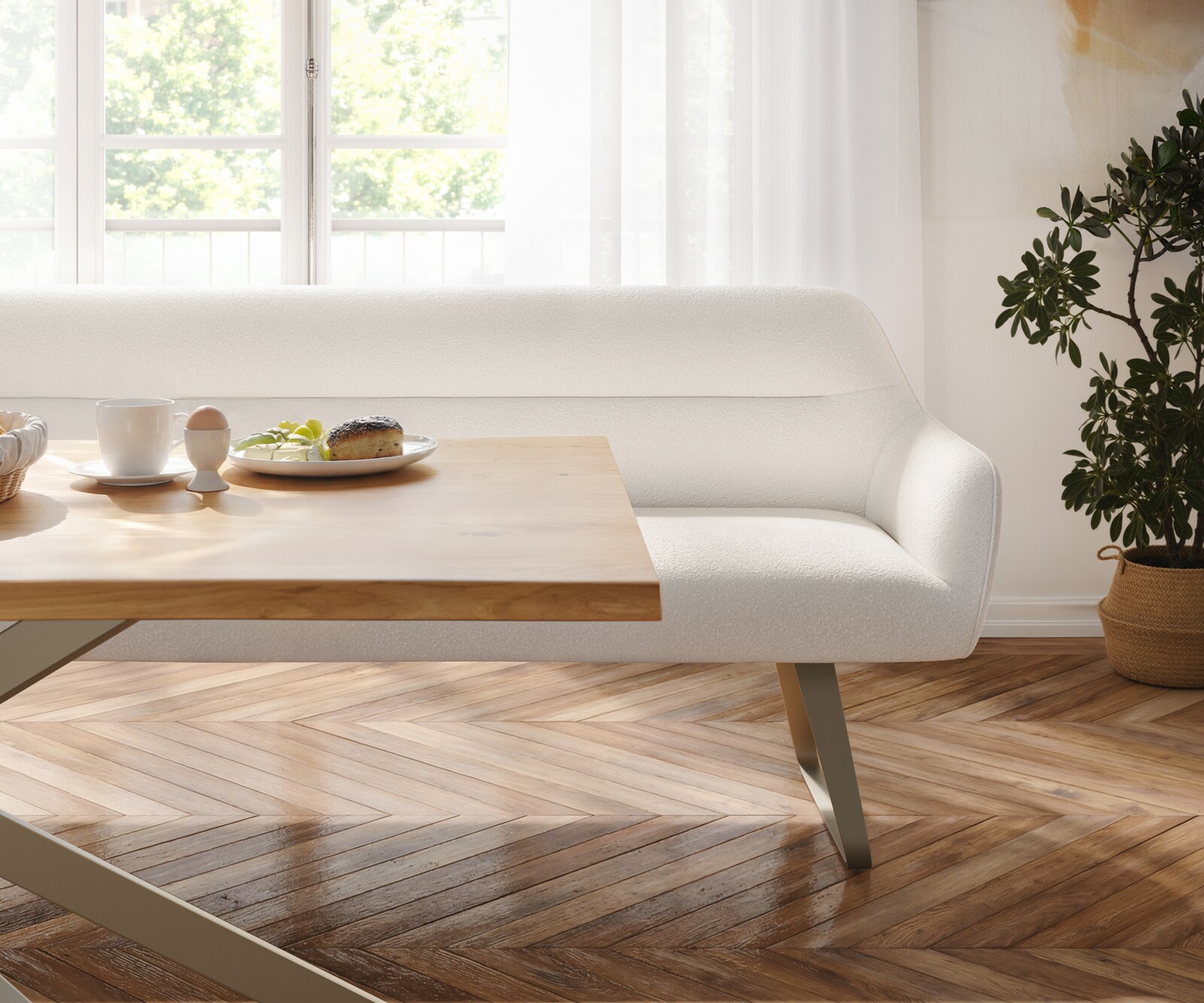 Banc-de-salle-à-manger Taya-Flex 200 cm bouclé crème-blanc châssis à patins plat titane ressort ensaché 3