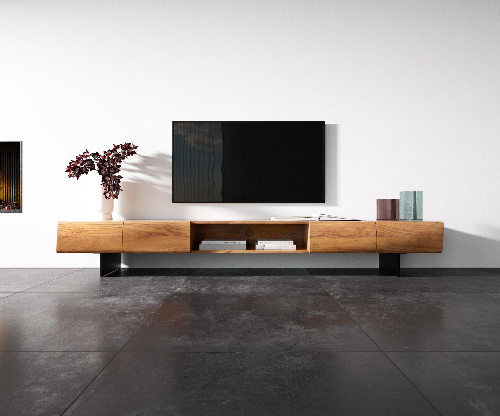 Meuble-TV New Live-Edge 240 cm acacia naturel 4 portes 1 compartiment pied flottant métal noir 3