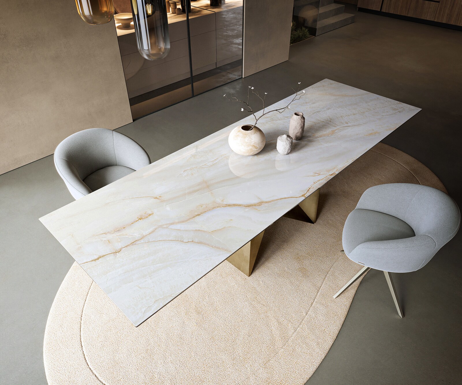 Table à manger Edge 300x100 cm céramique Onyx Pearl Origami métal doré 3