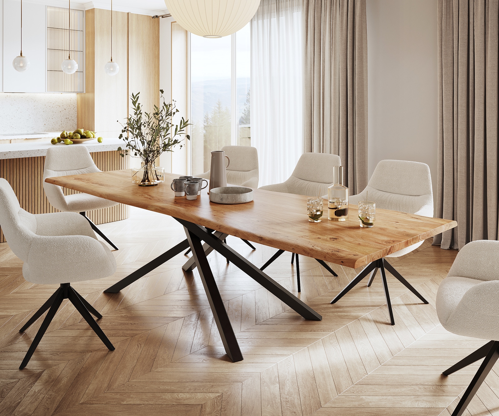 Table à manger Edge 300x100 acacia nature cadre croisé rectangle noir Live-Edge Table à manger Edge 300x100 acacia nature cadre croisé rectangle noir Live-Edge