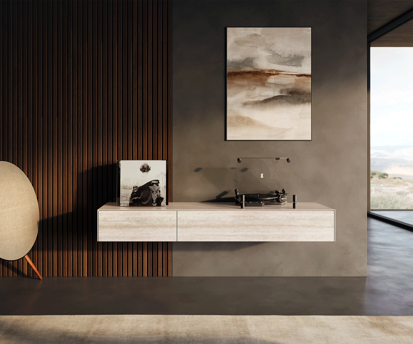 Meuble-TV Cuor 150 cm Céramique Laminam® Travertino Bianco Crème-blanc 1 Clapet 1 Tiroir Flottant 2
