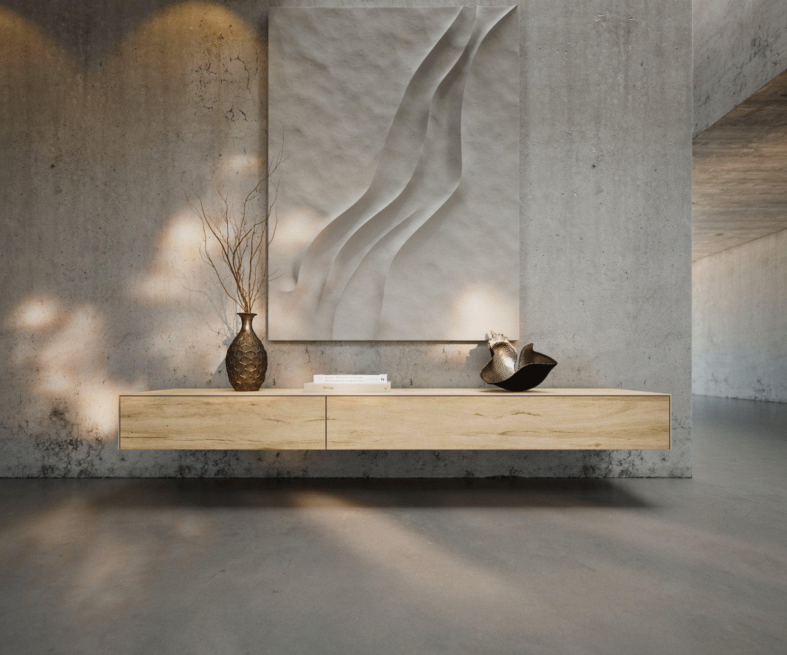 Meuble-TV Cuor 200 cm Céramique Laminam® Sabbia Teinte chêne 1 Clapet 1 Tiroir Flottant 1