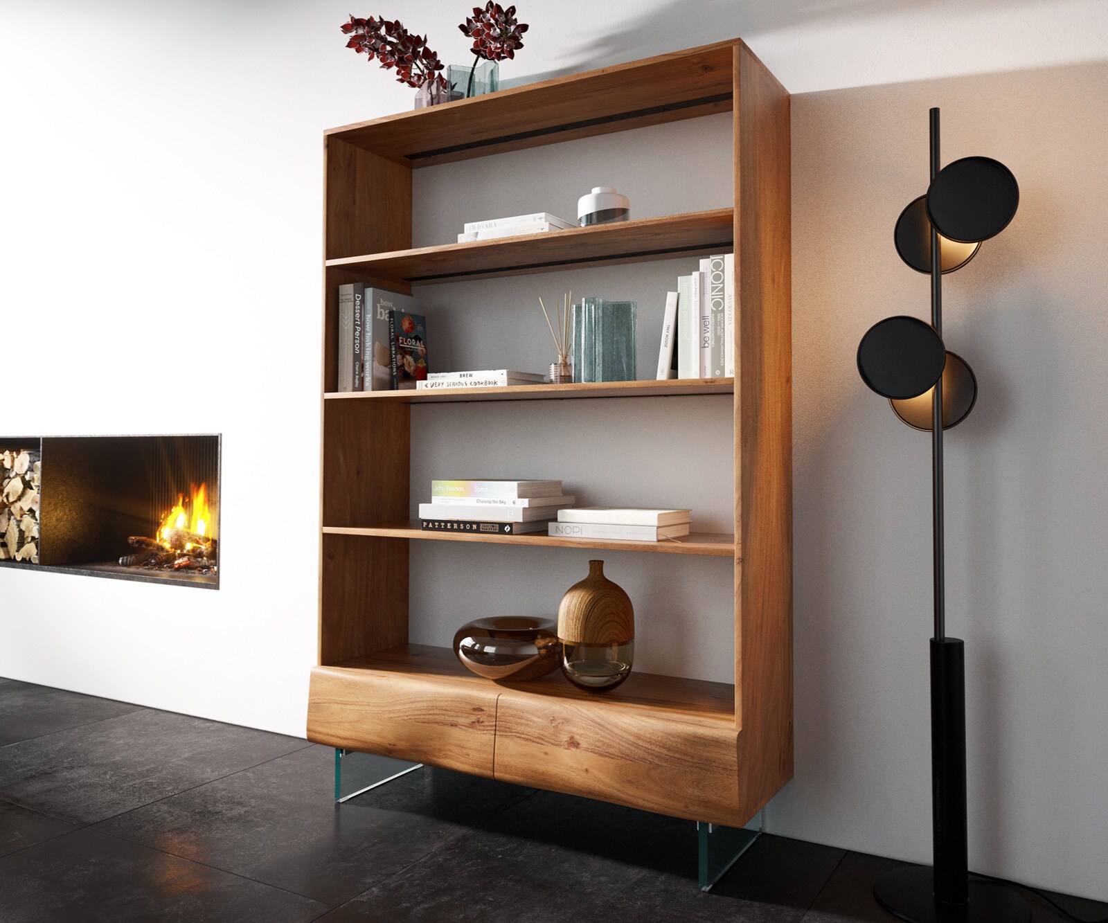 Étagère New Live-Edge 115x150 cm acacia naturel 2 tiroirs pieds en verre  4