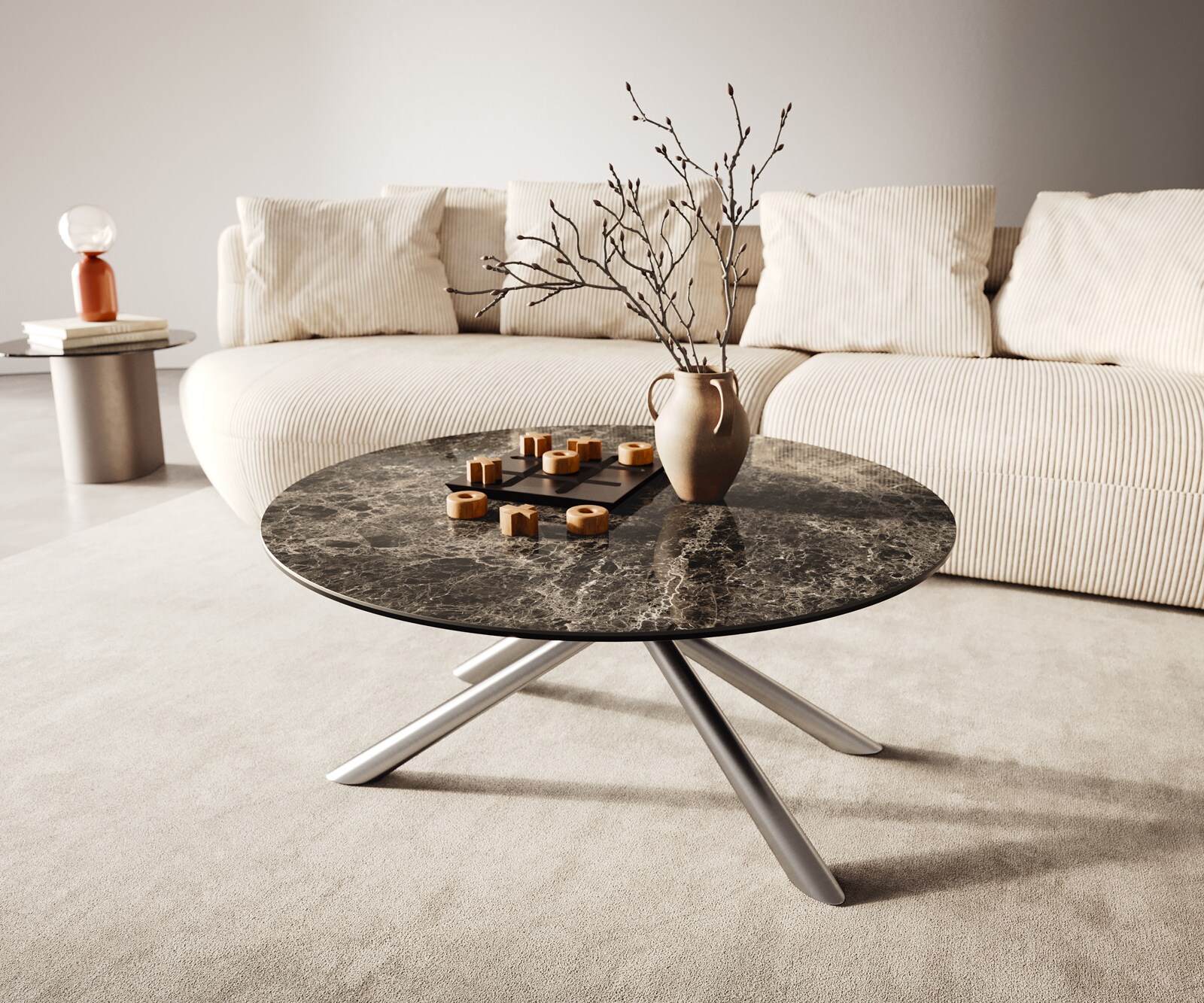 Table basse Edge rond 90x90 cm céramique Laminam® Emperador Extra Lucidato brun foncé Sarity acier inoxydable brossé 1