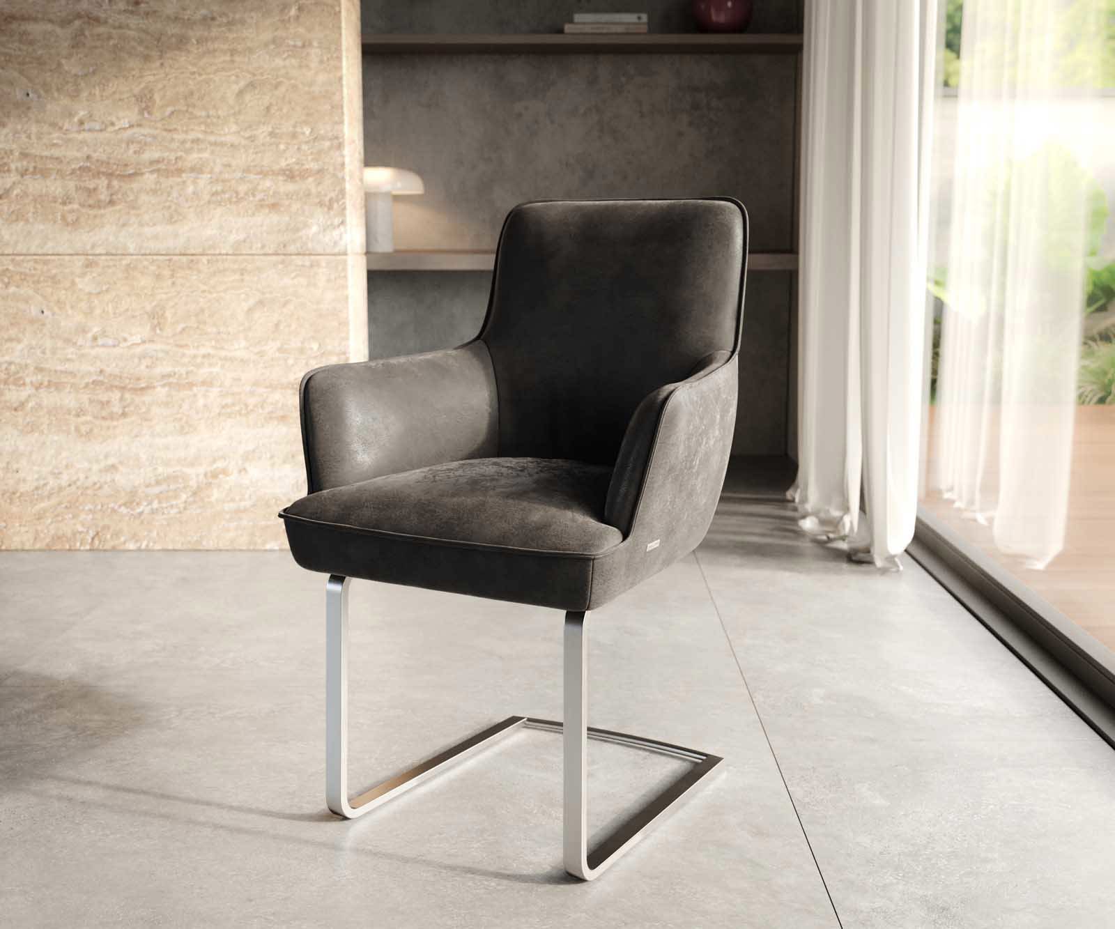 Cantilever Heira-Flex avec accoudoirs microvelours anthracite vintage pied cantilever plat acier inoxydable brossé ressorts ensachés