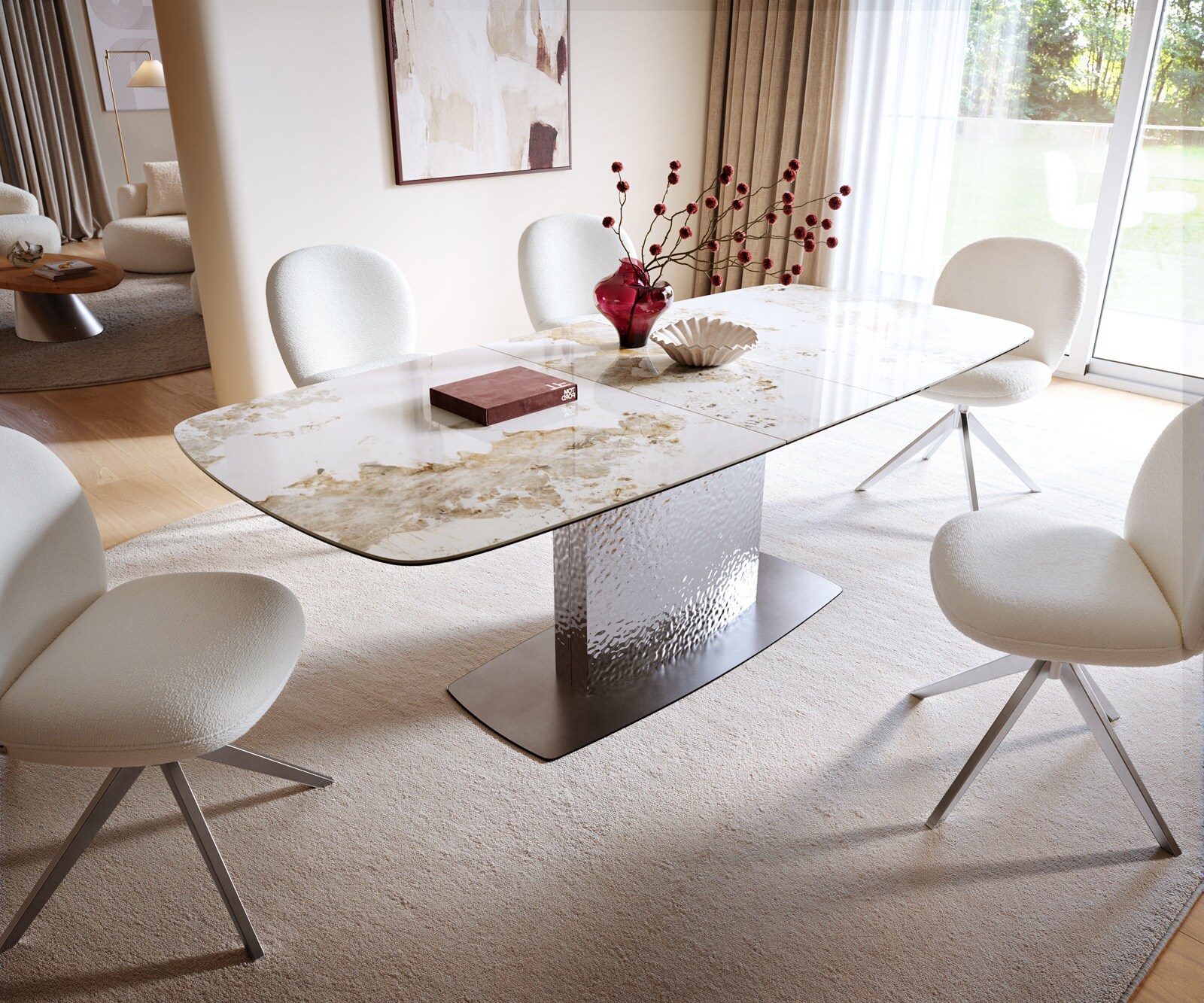 Table à manger Edge 180-220x100cm Céramique Minas Mélange Blanc-Beige Wave acier inoxydable extensible 6