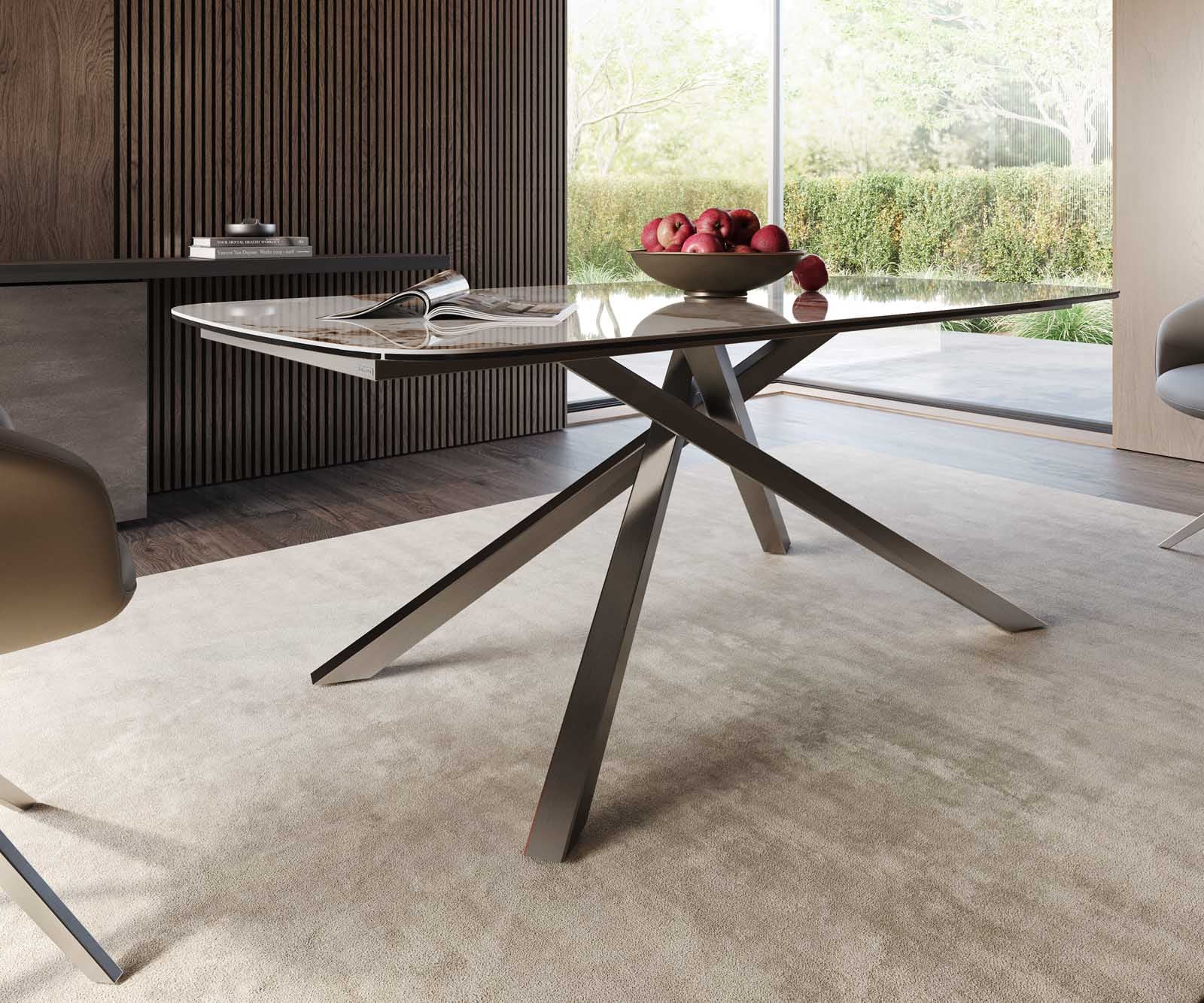 Table à manger Edge en forme de bateau 200x100 céramique Minas mélange blanc-beige cadre croisé rectangulaire acier inoxydable 5 Table à manger Edge en forme de bateau 200x100 céramique Minas mélange blanc-beige cadre croisé rectangulaire acier inoxydable 5