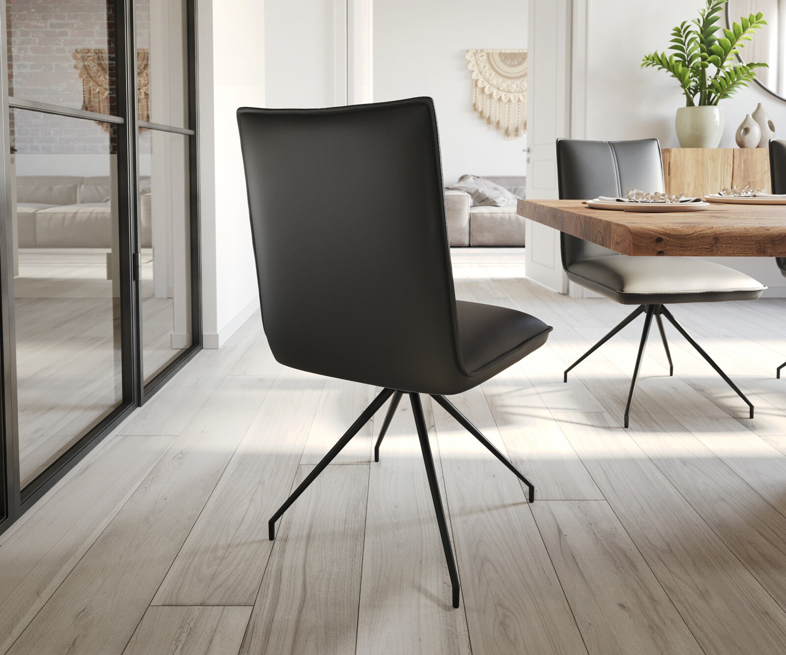 Chaise-de-salle-à-manger Lelio-Flex cuir de vache noir pied croisé conique noir ressorts ensachés 4
