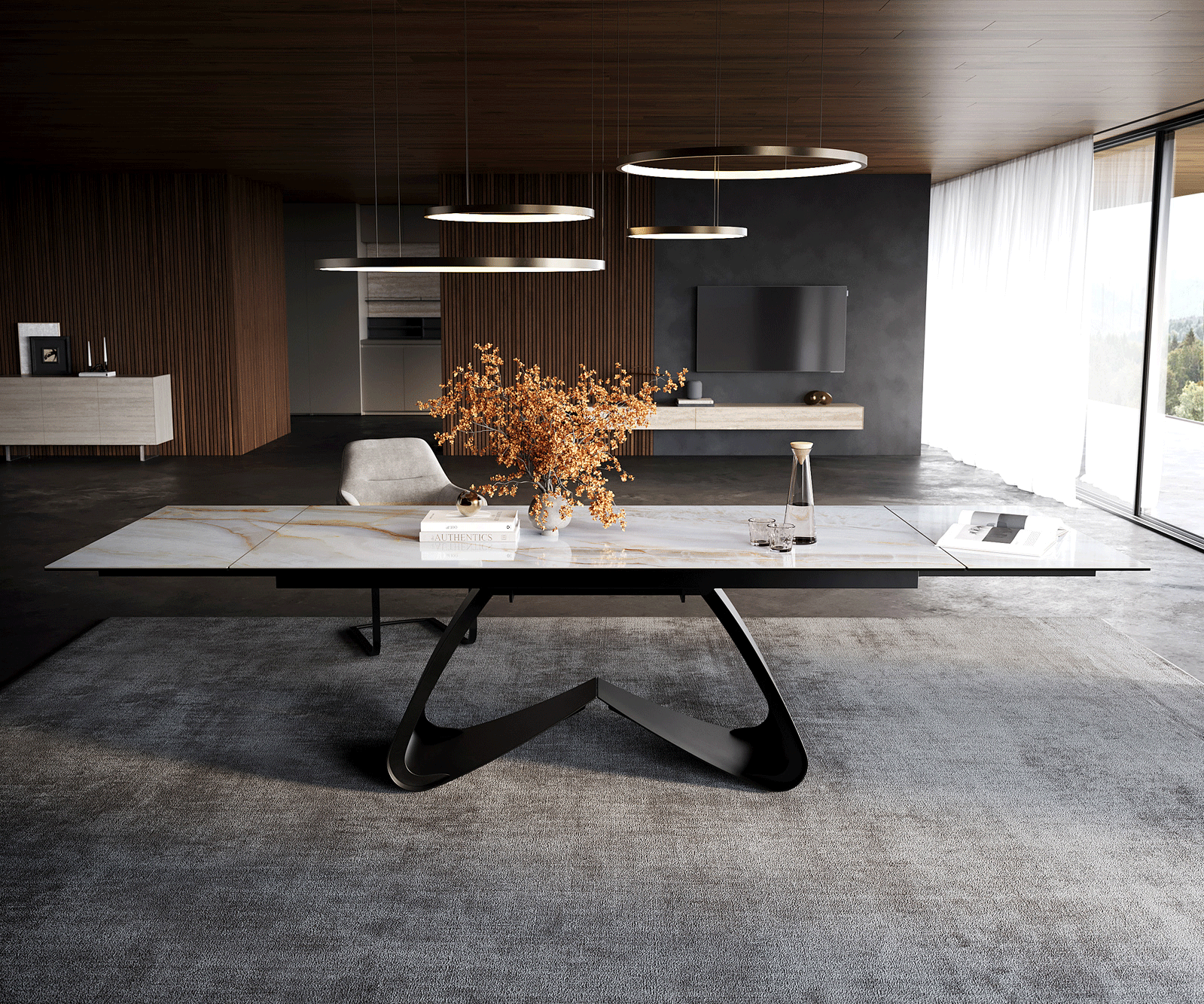 Table à manger extensible Edge 200-300x100 cm céramique Onyx Pearl piètement en W métal noir 2