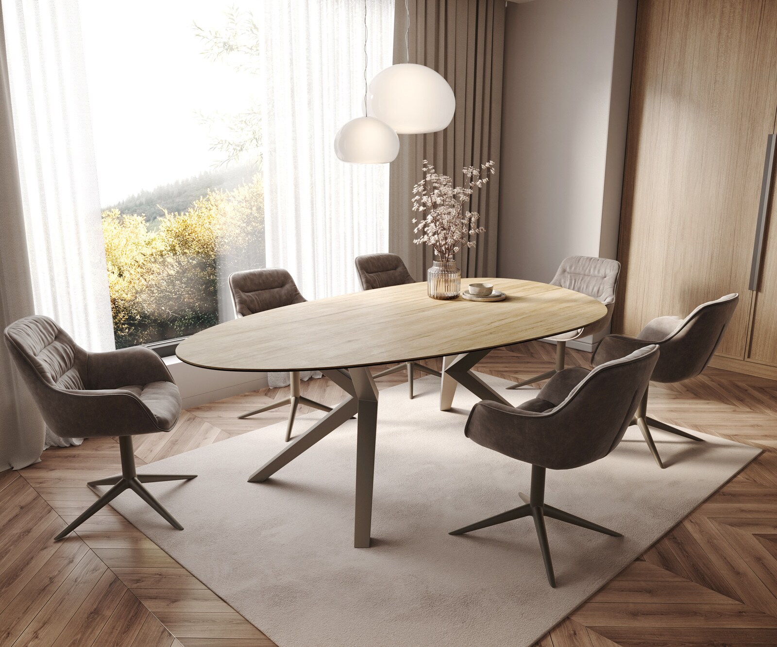 Table à manger Edge Ovale 220x120 Céramique Laminam® Sabbia Couleur chêne Zenthara anguleux Métal finition à effet Titane 7