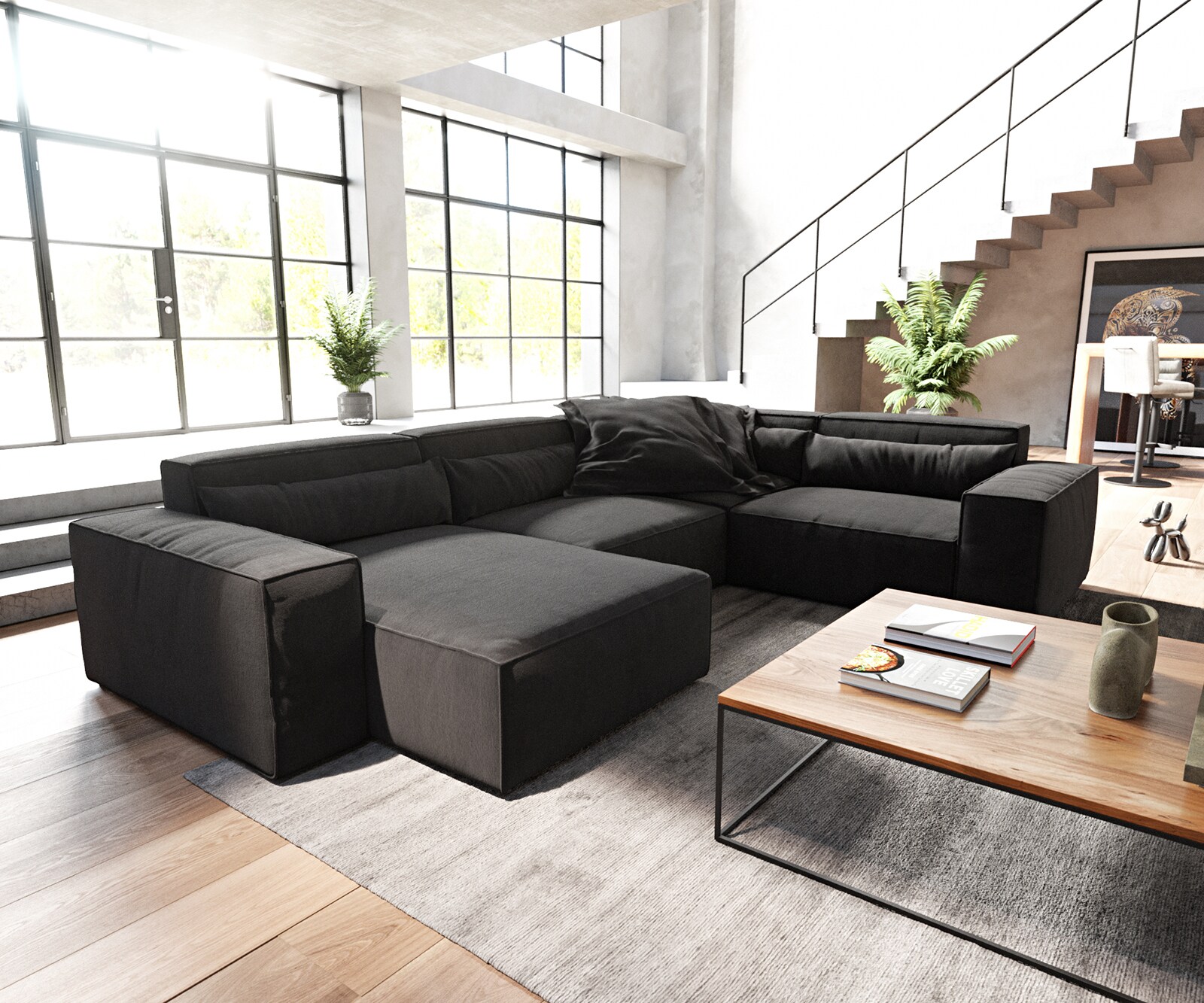 Canapé panoramique Sirpio 300x210 cm Microfibre Noir Recamiere variable Canapé panoramique Sirpio 300x210 cm Microfibre Noir Recamiere variable