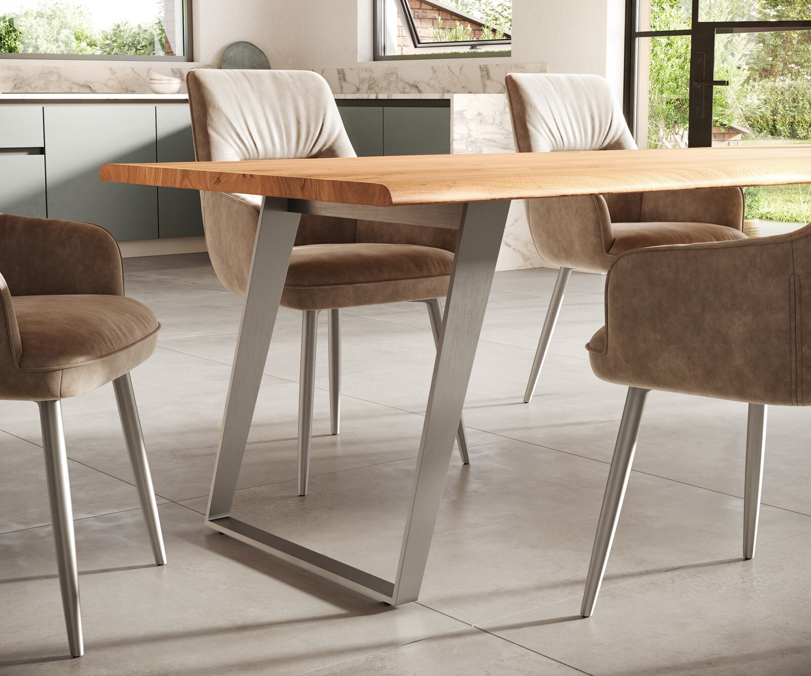 Table-à-manger Edge 300x100cm acacia nature acier inoxydable argent incliné Live-Edge 5