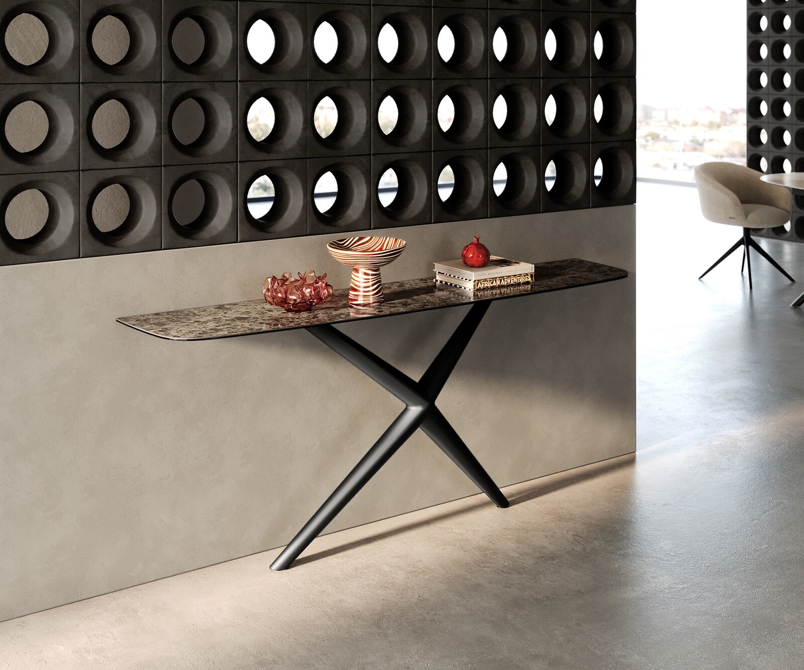 Console Edge forme bateau 180x40 cm Céramique Emperador Extra Lucidato Dunkelbraun Estelo Métal Noir 4