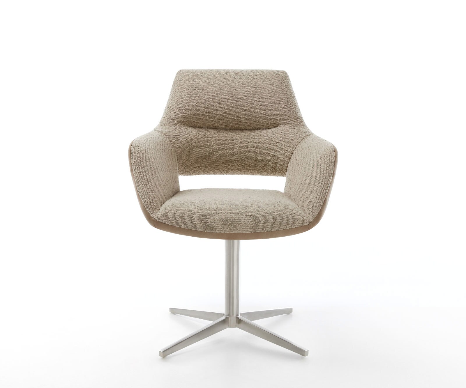 Chaise-pivotante Yago-Flex avec accoudoirs tissu mixte couleur boue pied de chaise 4 branches acier inoxydable brossé pivotement sur 360° ressorts ensachés 1 Chaise-pivotante Yago-Flex avec accoudoirs tissu mixte couleur boue pied de chaise 4 branches acier inoxydable brossé pivotement sur 360° ressorts ensachés 1