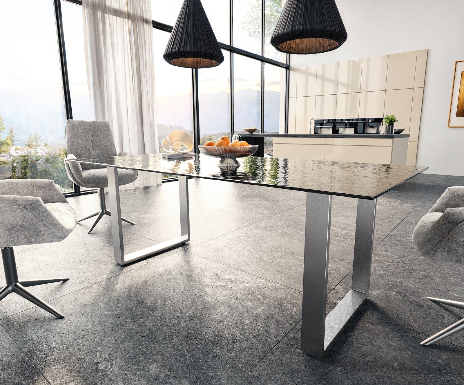 Table à manger Edge 200x100 verre fondu noir fumé relief en 3D acier inoxydable mince 3