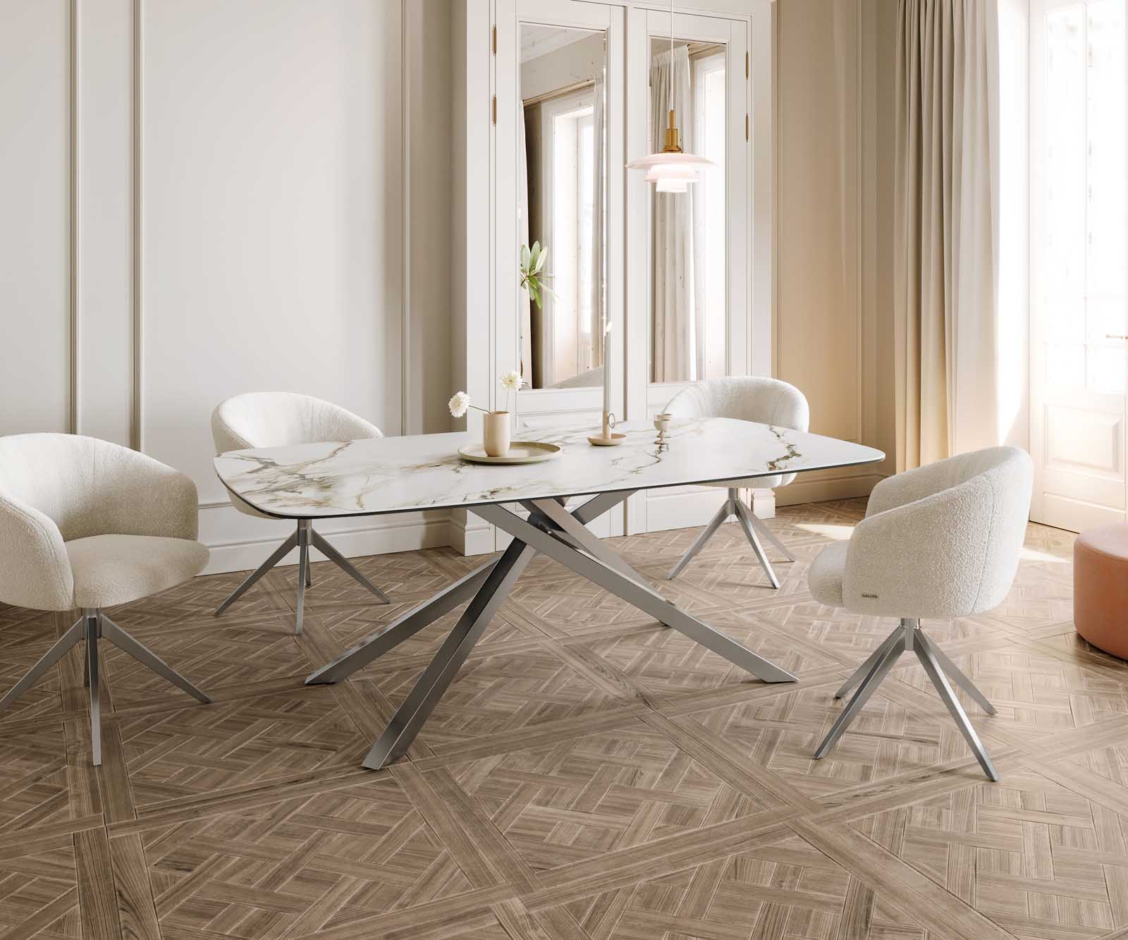 Table à manger Edge en forme de bateau 200x100 céramique Calacatta Luxe blanc-doré-gris cadre croisé rectangulaire acier inoxydable 6 Table à manger Edge en forme de bateau 200x100 céramique Calacatta Luxe blanc-doré-gris cadre croisé rectangulaire acier inoxydable 6