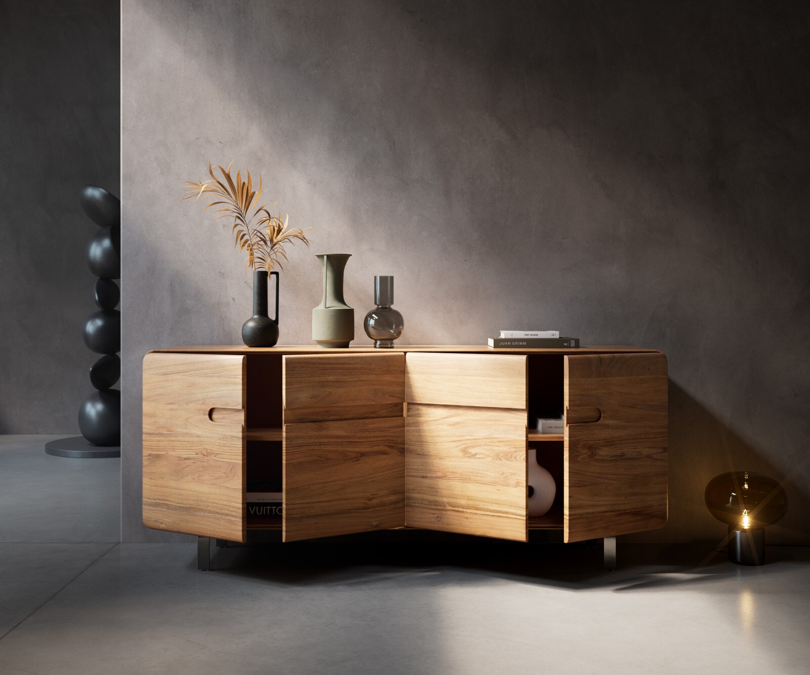 Buffet Anaya 175 cm acacia naturel 4 portes pied en L inoxydable 4