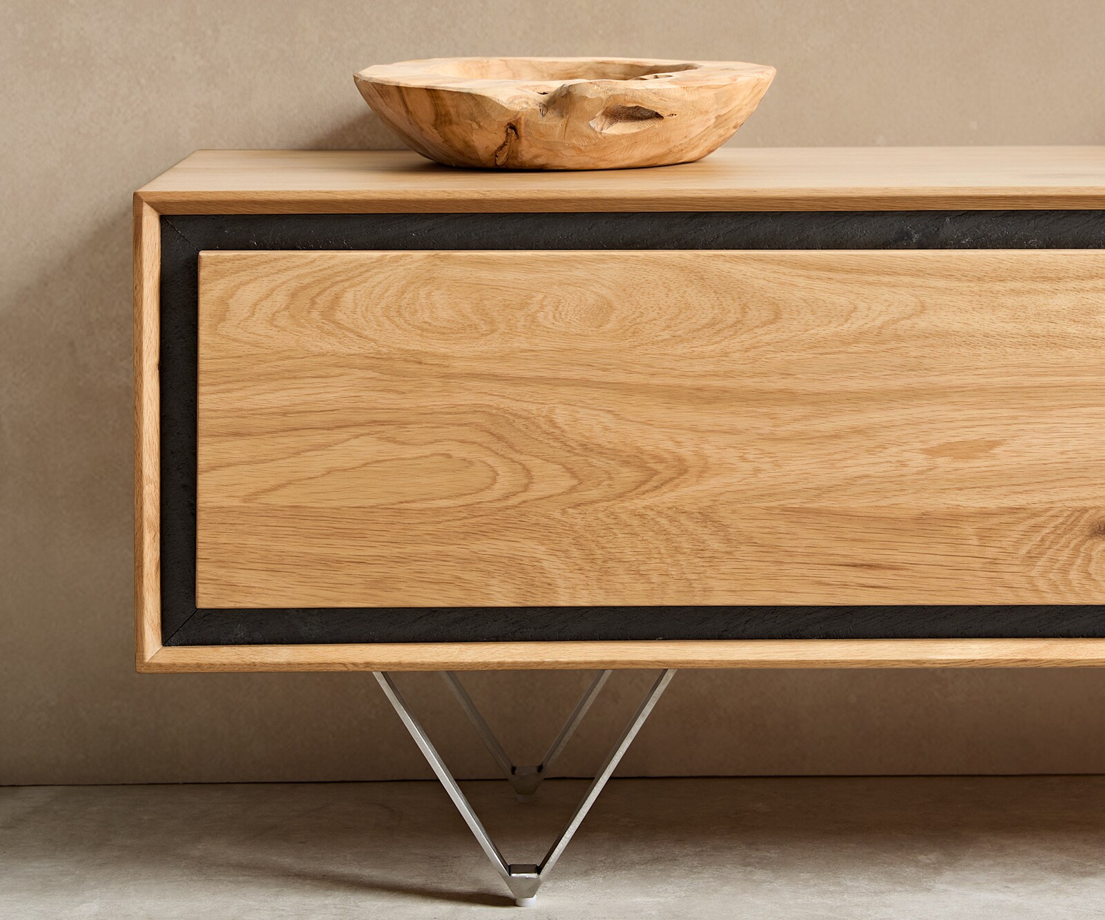 Meuble-TV Stonegrace 200 cm chêne naturel 4 portes placage pierre pied en V inoxydable 5