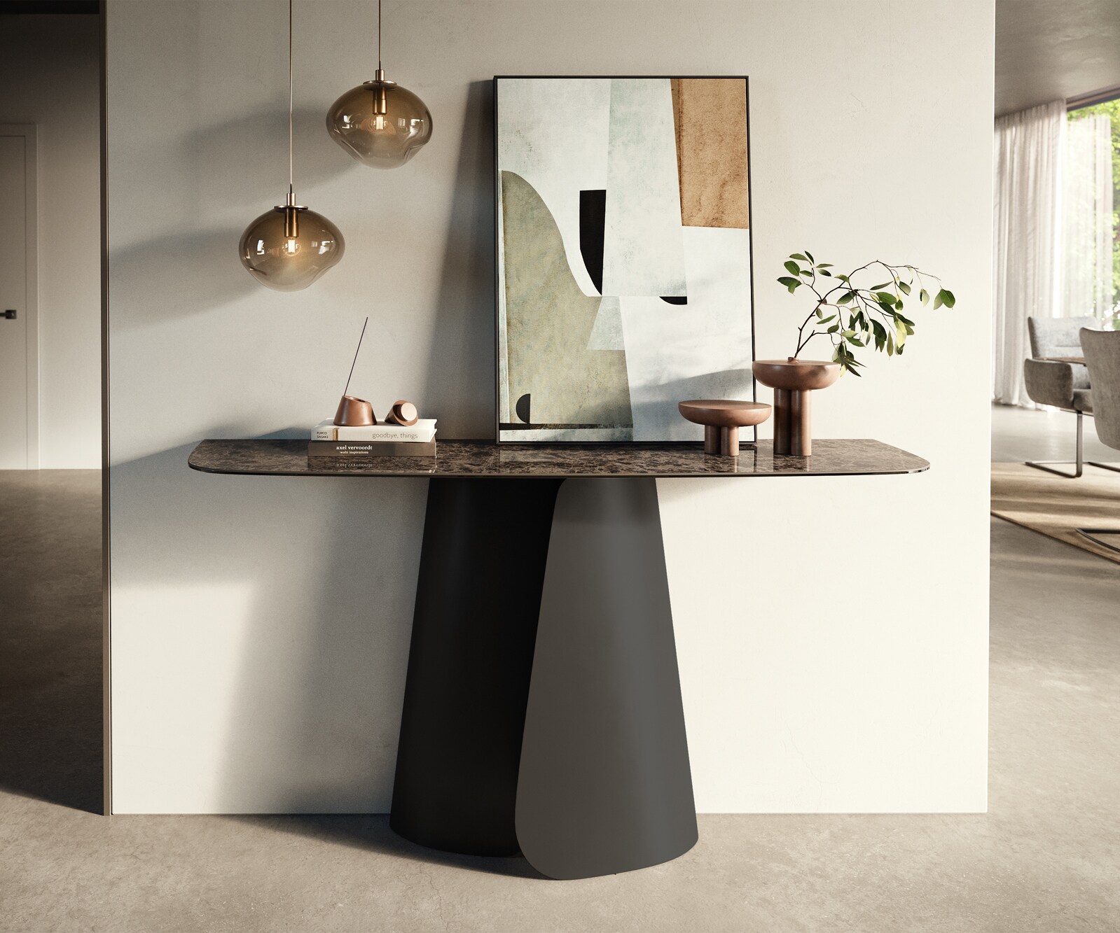 Console Edge forme bateau 140x40 cm Céramique Emperador Extra Lucidato Dunkelbraun Livos Métal Noir