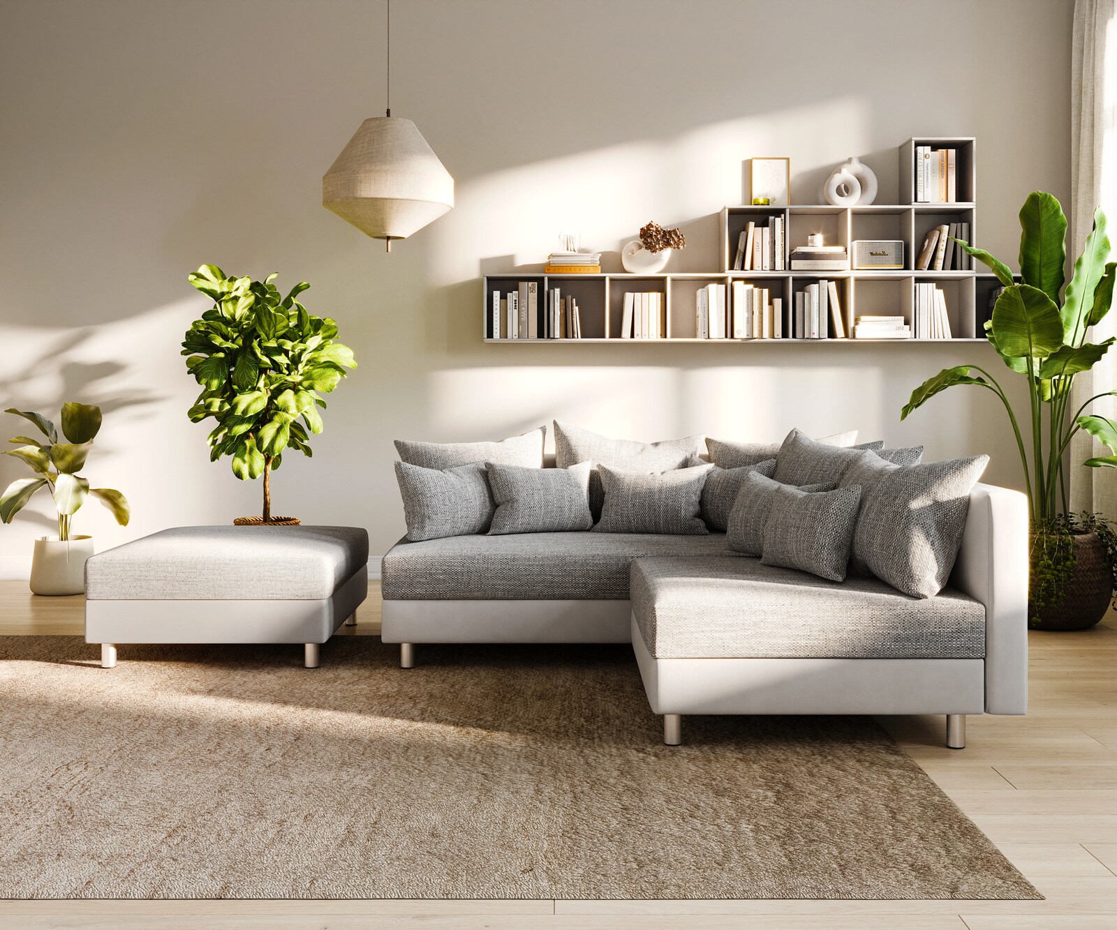 Canapé d'angle Clovis blanc gris clair canapé modulaire tabouret ottoman gauche 3