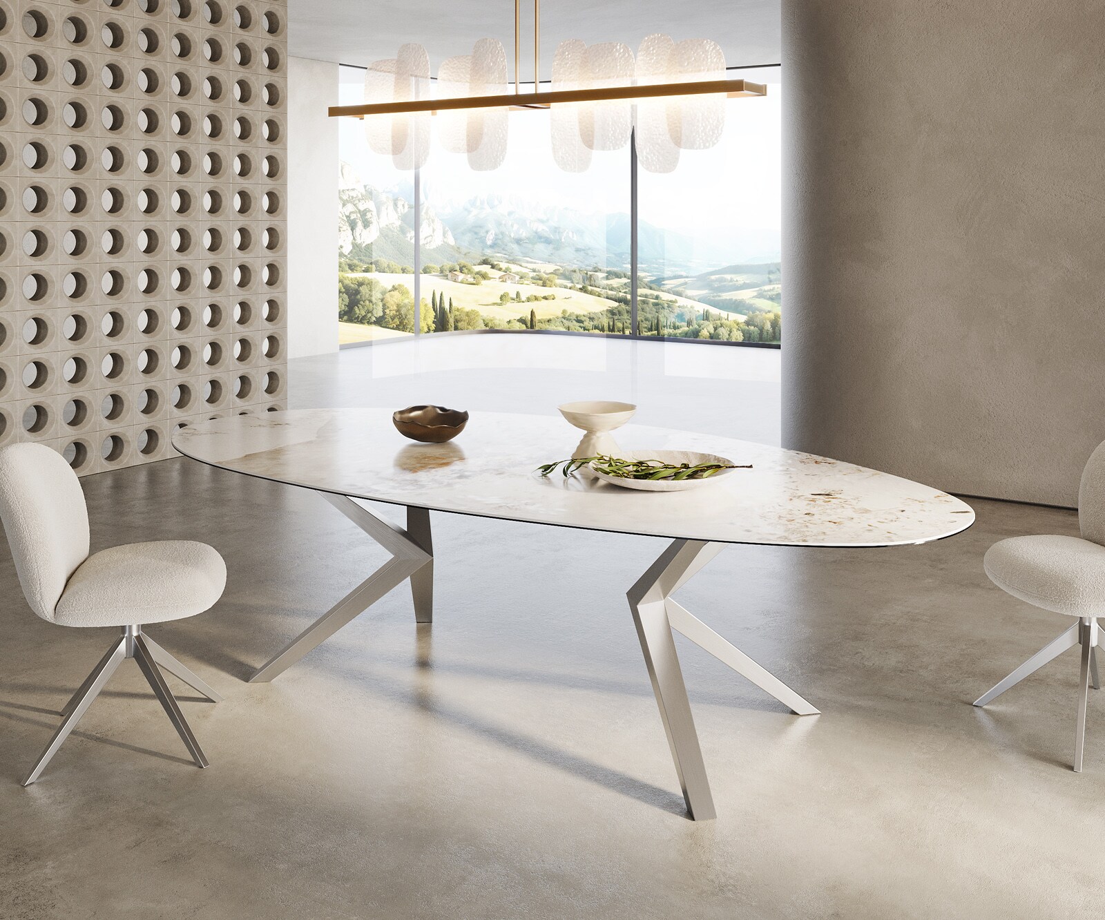 Table à manger Edge Ovale 280x130 Céramique Minas Melange Blanc-Beige Zenthara anguleux Acier inoxydable 4