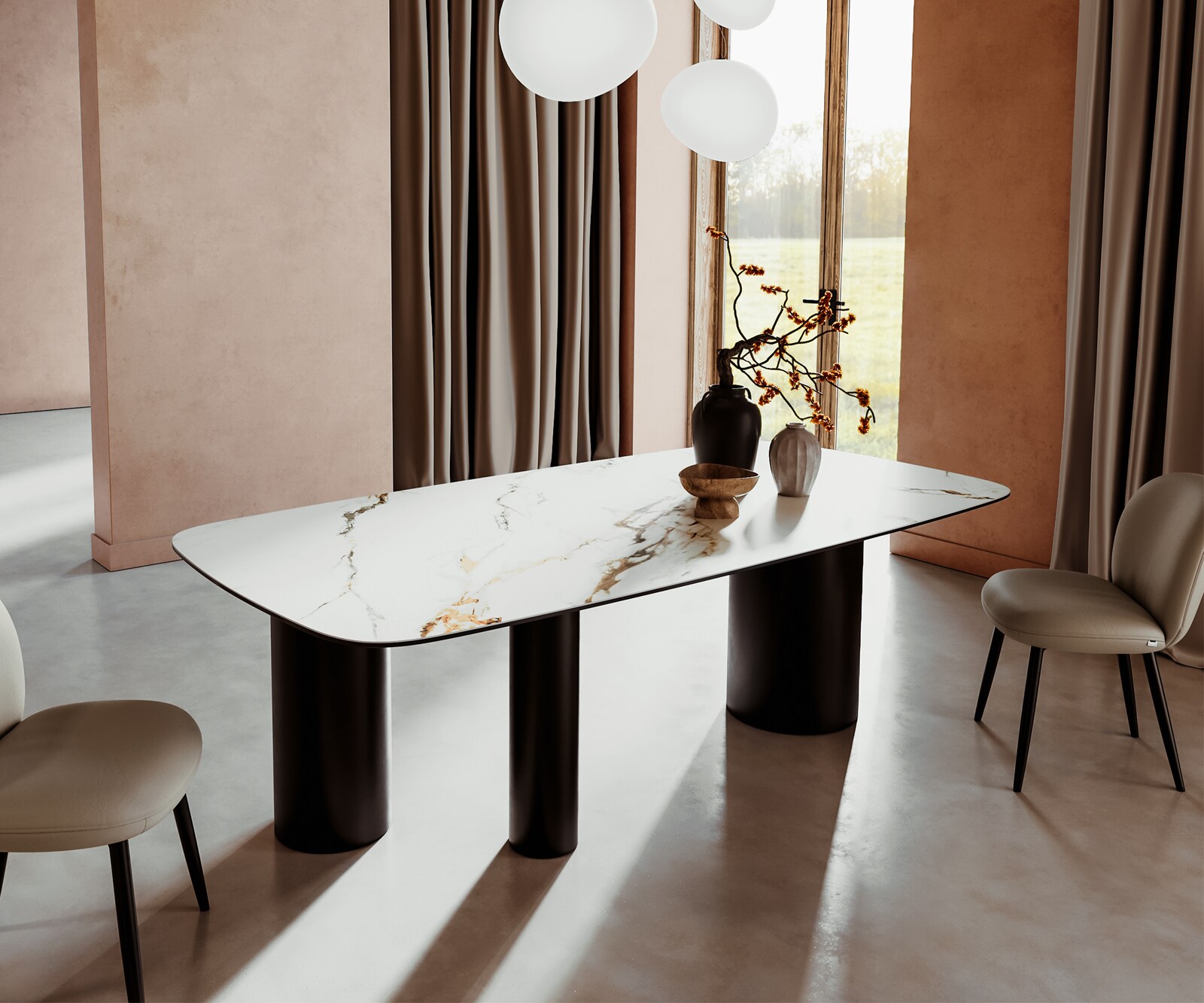 Table à manger Edge Boot 240x120 céramique Calacatta Luxe blanc-doré-gris Troa métal noir 1