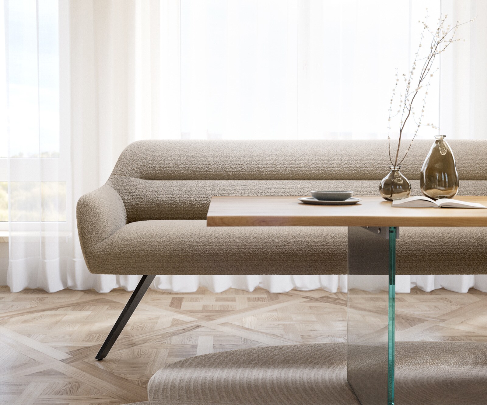 Banc-de-salle-à-manger Taya-Flex 200 cm bouclé boue pied croisé angulaire grafiete ressort ensaché 2