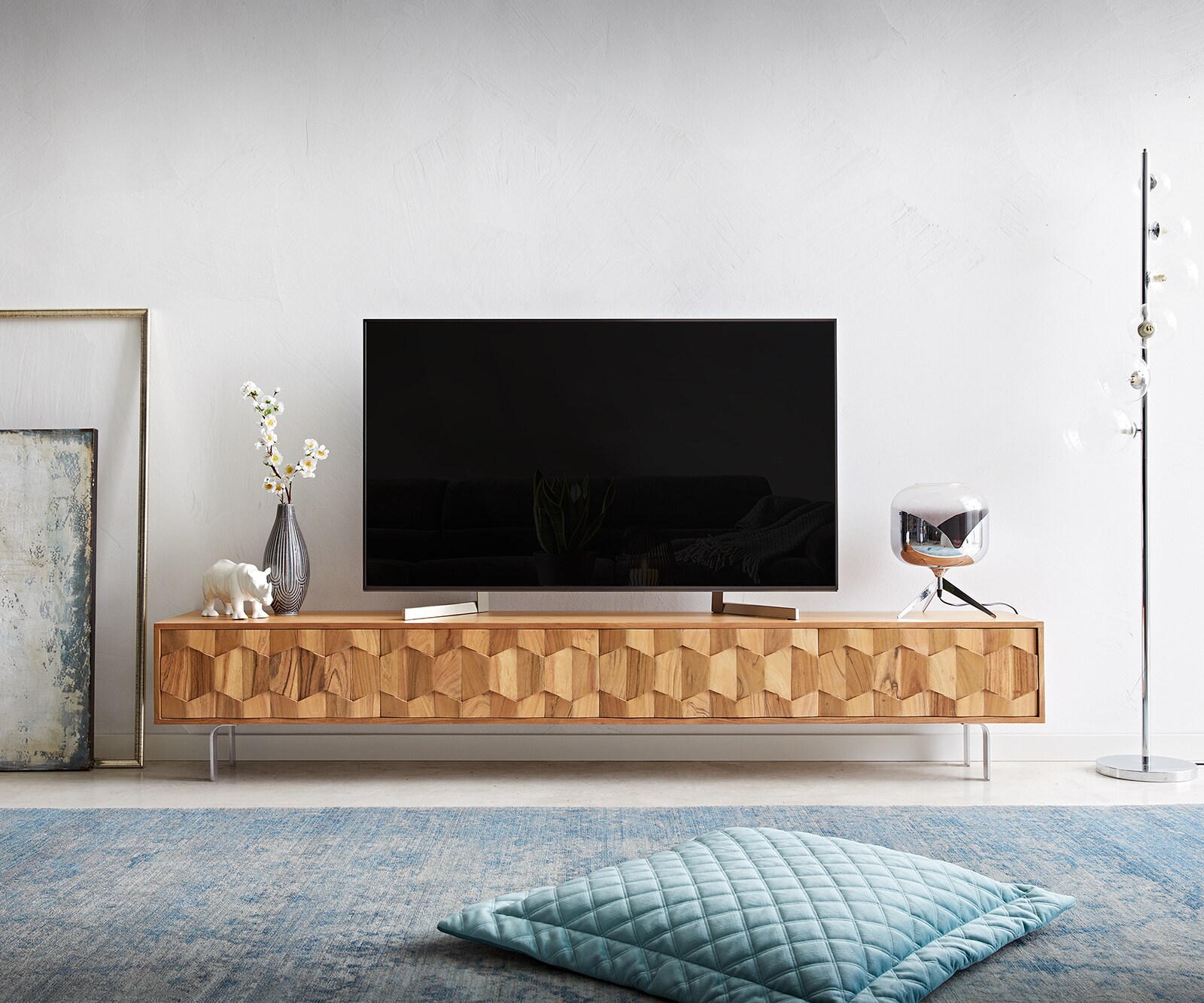 Buffet bas Fevo 220 cm acacia nature 4 portes flottant 1