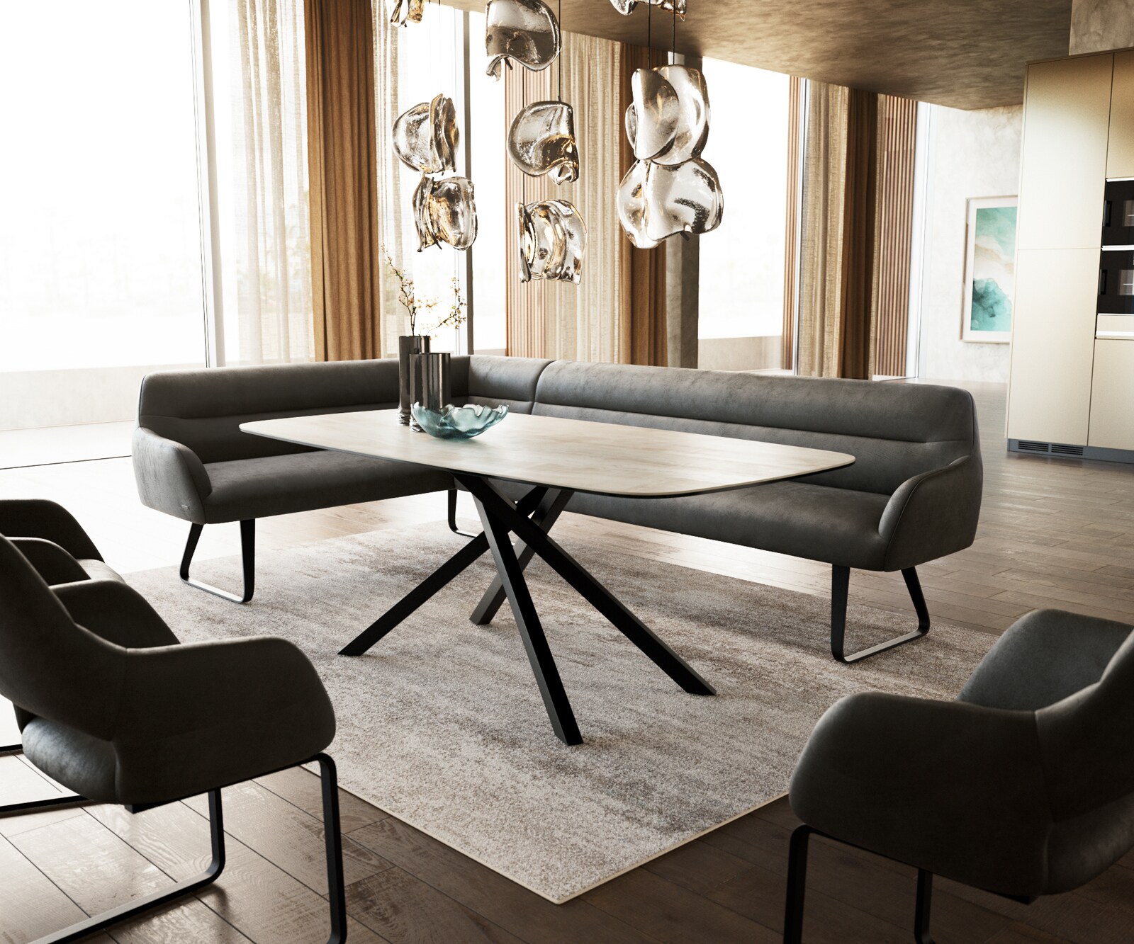 Banc-de-salle-à-manger Taya-Flex 285x190 cm microfibre antracite vintage châssis à patins plat noir ressort ensaché à droite 1