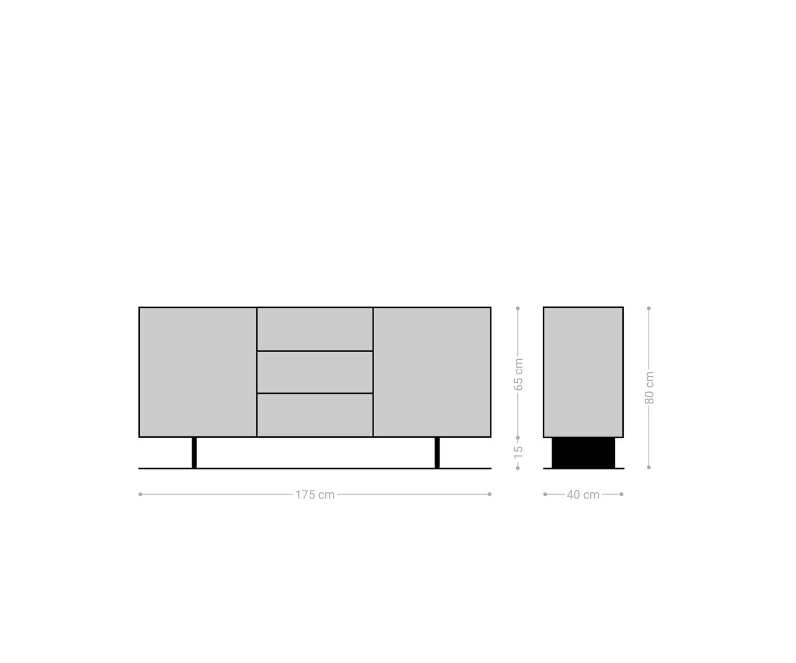 Buffet Solu 175 cm acacia naturel 2 portes 3 tiroirs pied flottant métal noir façade 3D 10